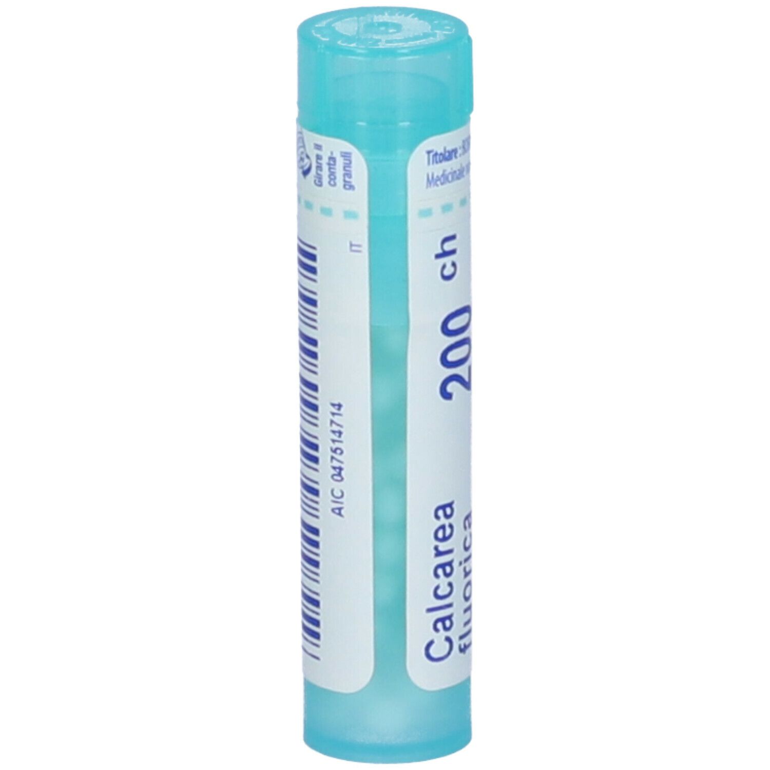 Confezione cilindrica turchese e bianca con 'Calcarea fluorica 200 ch'. Stampa con codice a barre e 'IT'.