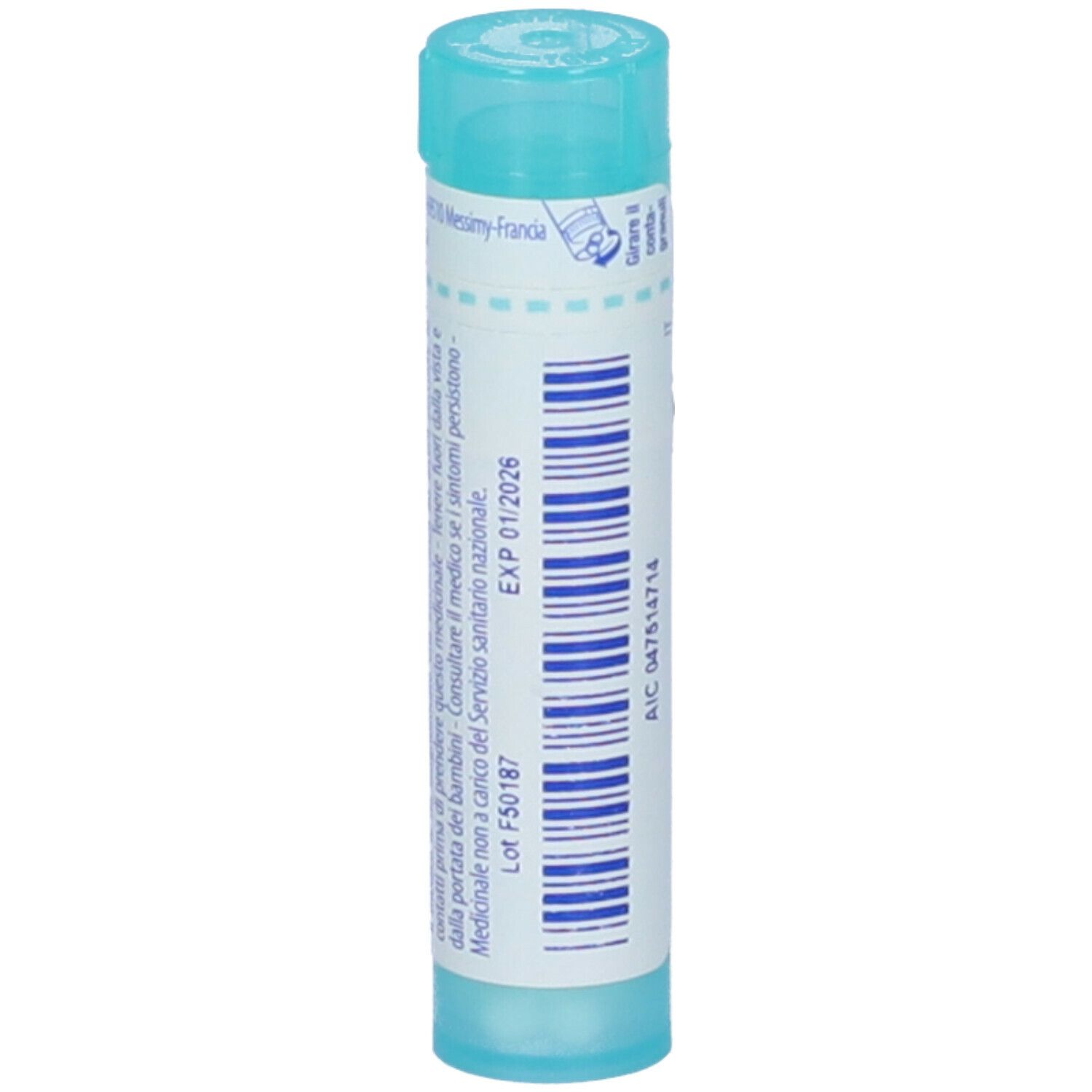 Confezione cilindrica turchese e bianca con 'Calcarea fluorica 200 ch'. Stampa con data di scadenza '01/2026'.