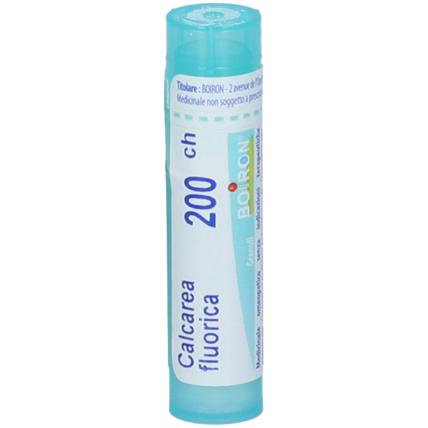 Confezione cilindrica con 'Calcarea fluorica 200 ch' e 'BOIRON'. Colori turchese e bianco. Granuli visibili.