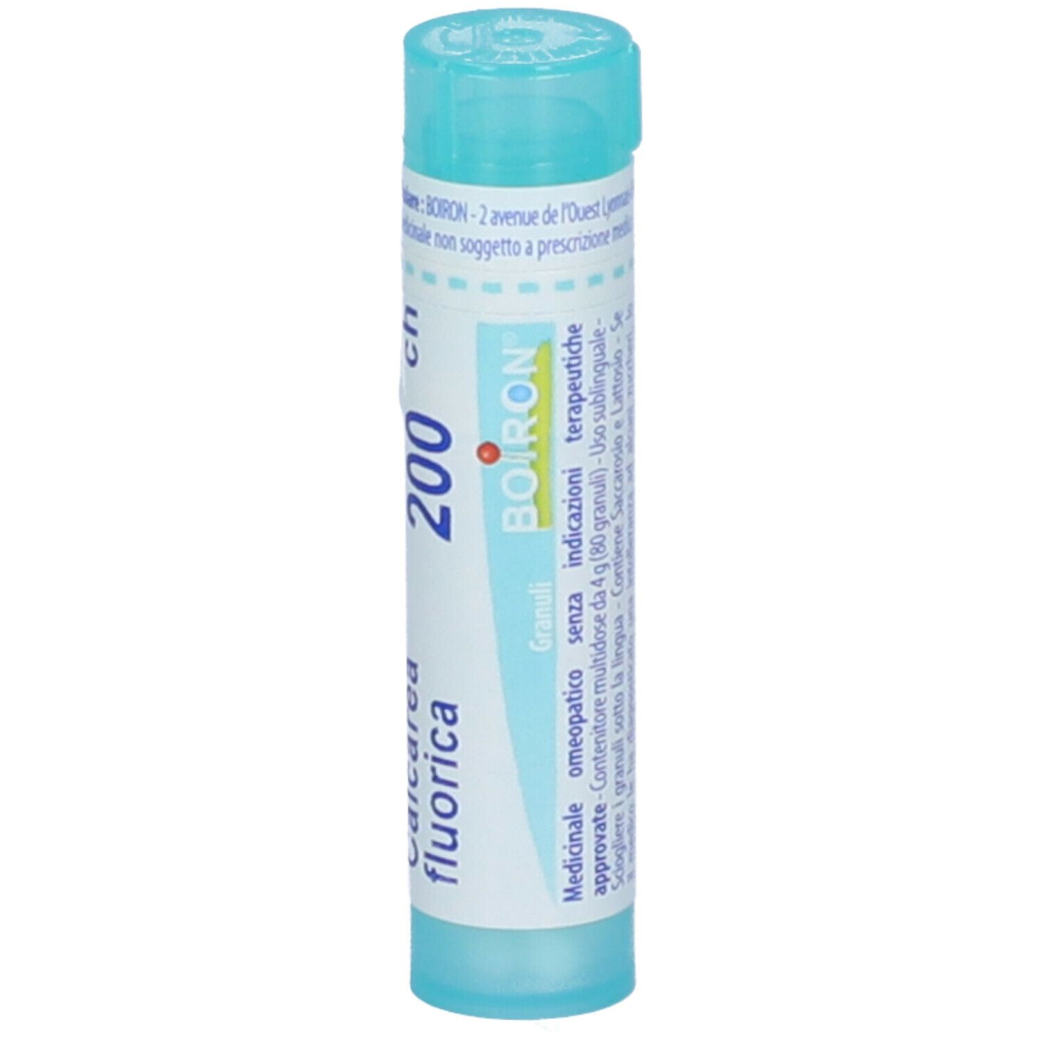 Confezione cilindrica con 'Calcarea fluorica 200 ch' e 'BOIRON'. Colori turchese e bianco. Granuli visibili.