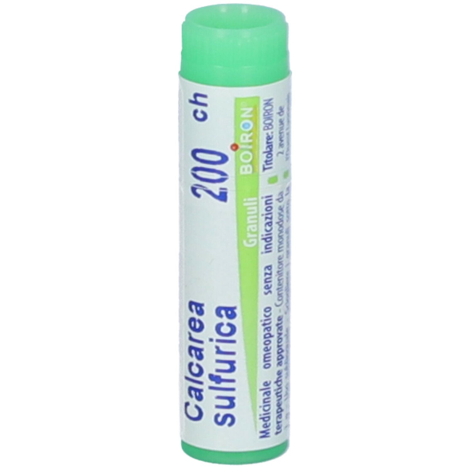 Confezione cilindrica con estremità verdi. Scritta: Calcarea sulfurica 200 ch, BOIRON. Verde.