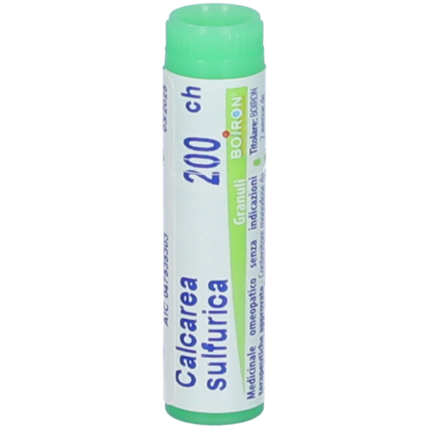 Confezione cilindrica con estremità verdi. Scritta: Calcarea sulfurica 200 ch, BOIRON. Verde.