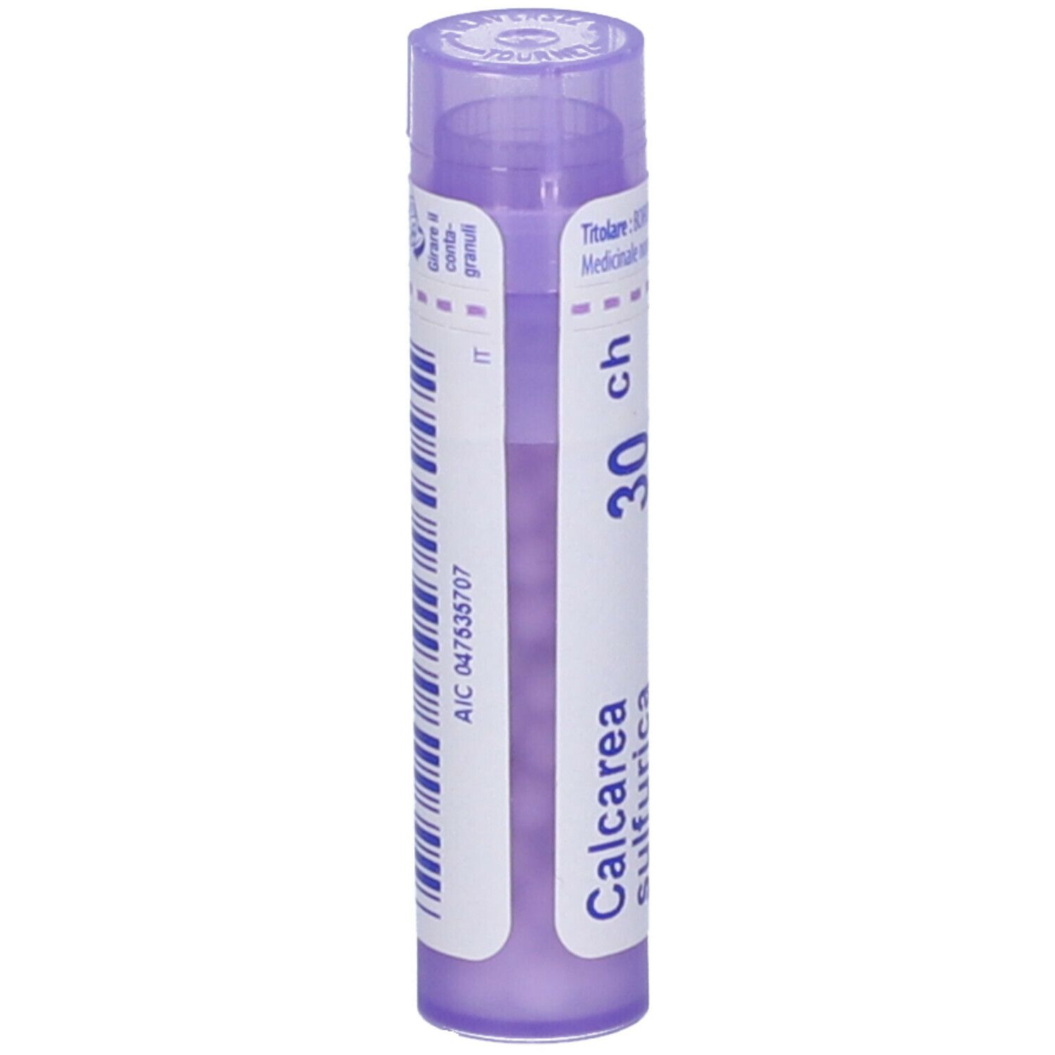 Flacone cilindrico Calcarea sulfurica 30 ch, Boiron. Con codice a barre.