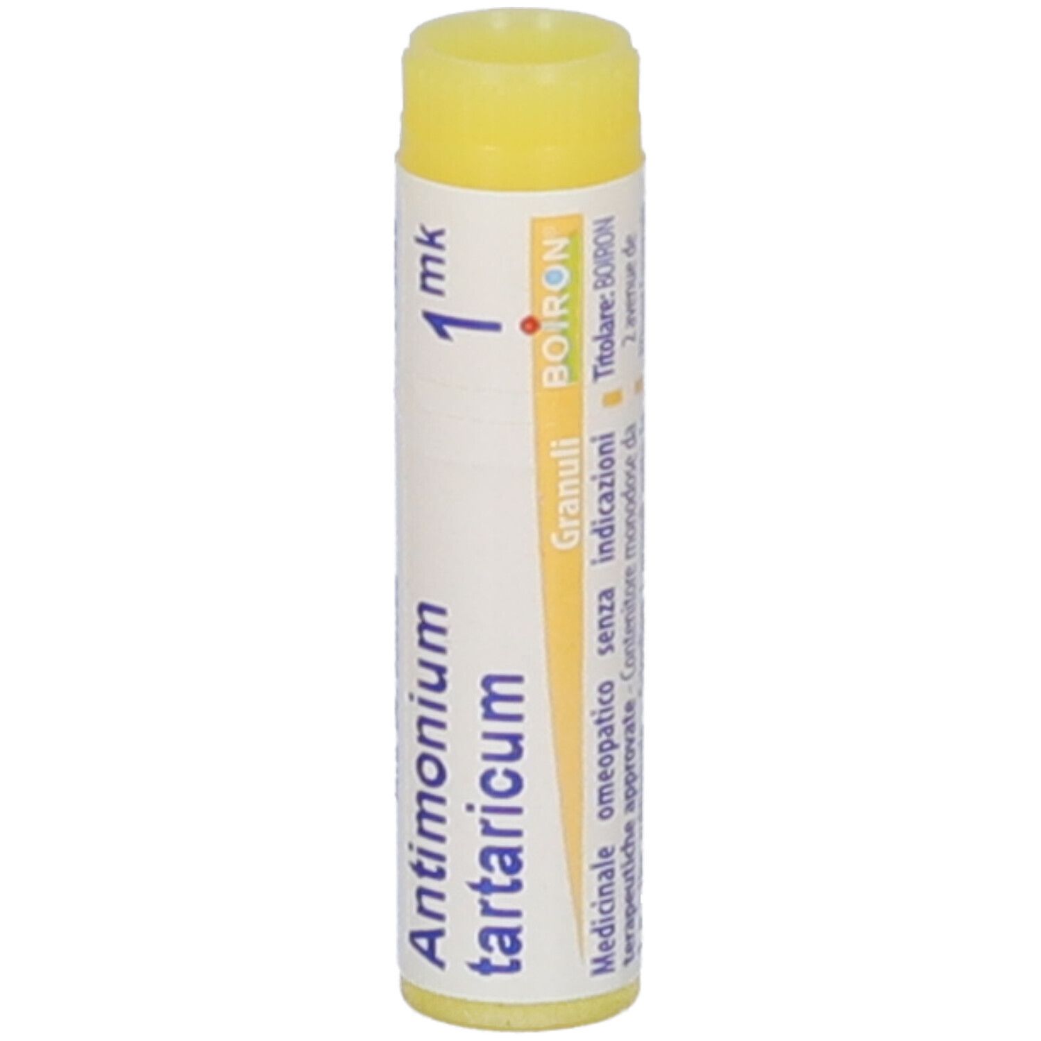 Confezione cilindrica con tappo giallo. Scritta: Antimonium tartaricum, 1 mk, BOIRON, Granuli.