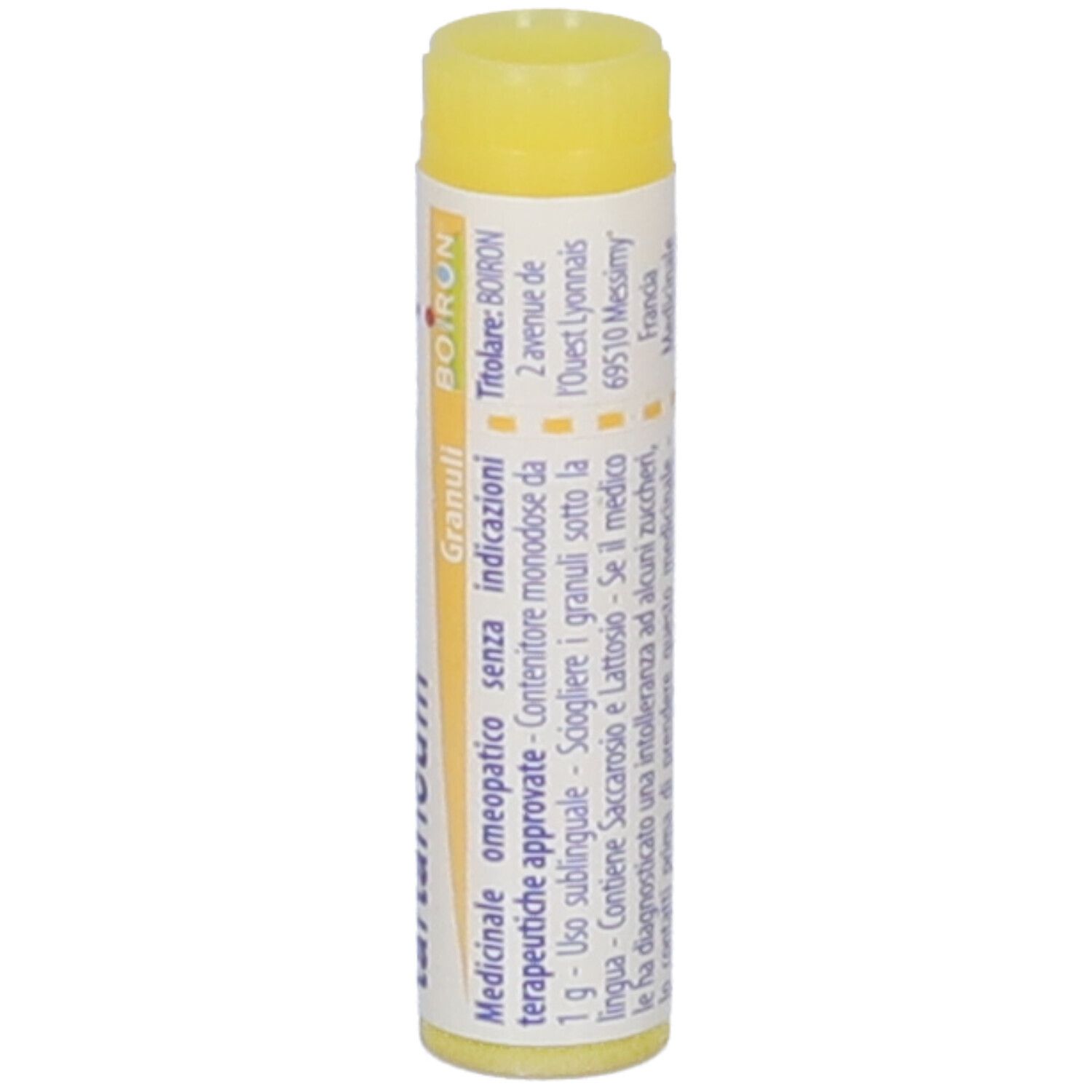 Confezione cilindrica con tappo giallo. Testo: Granuli, Medicinale omeopatico senza indicazioni terapeutiche approvate.