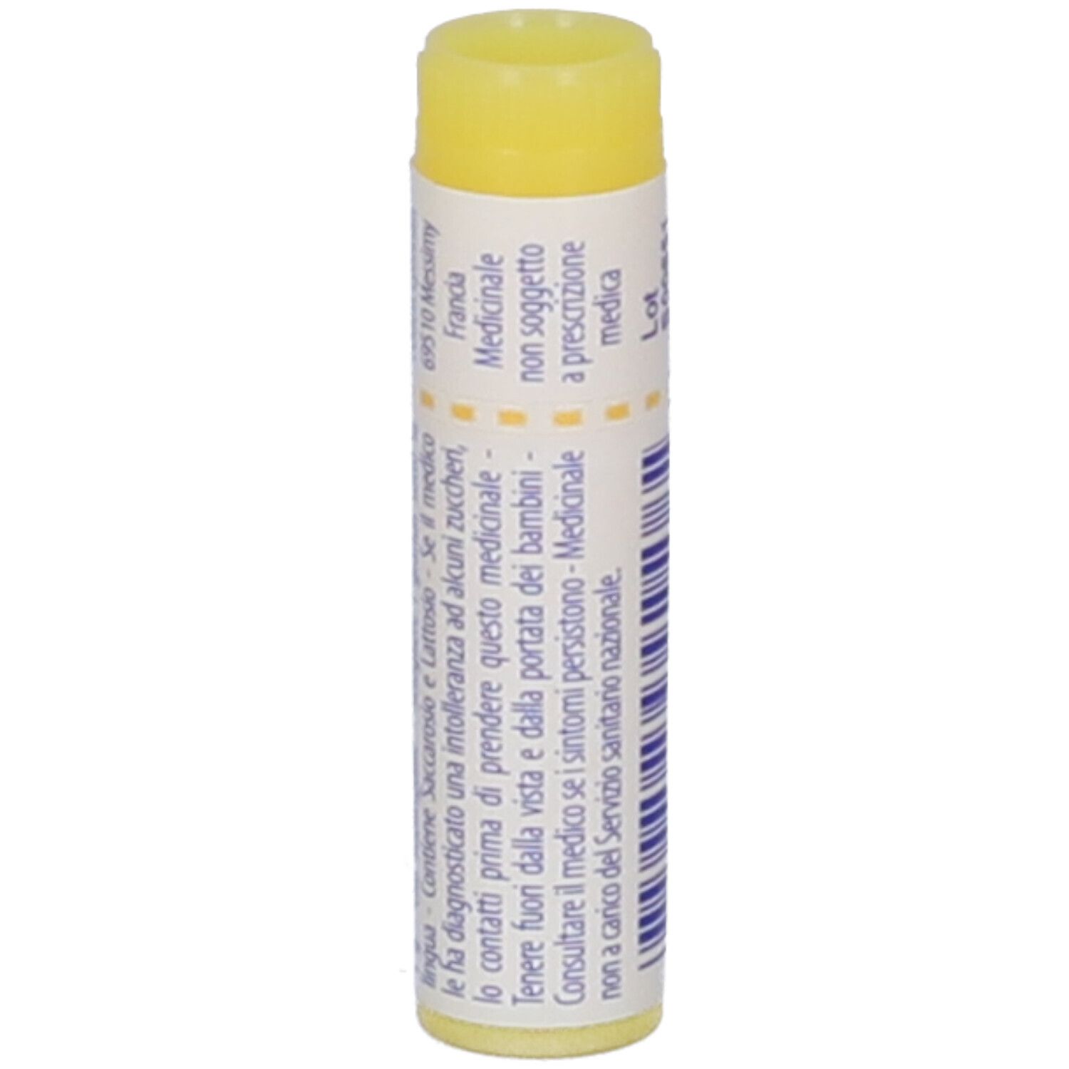 Tubo cilindrico con globuli gialli. Etichetta con informazioni mediche. Testo: Cina.