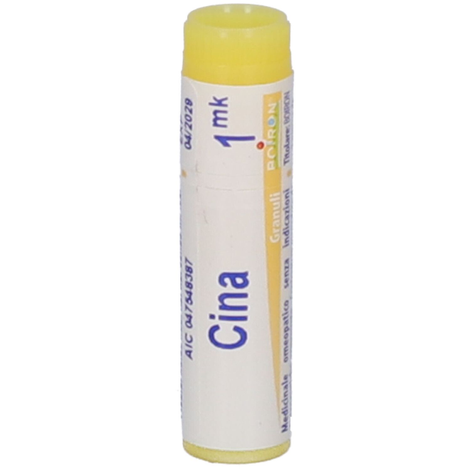 Tubo cilindrico con globuli gialli. Scritta: Cina, 1 mk, Boiron. Informazioni mediche.