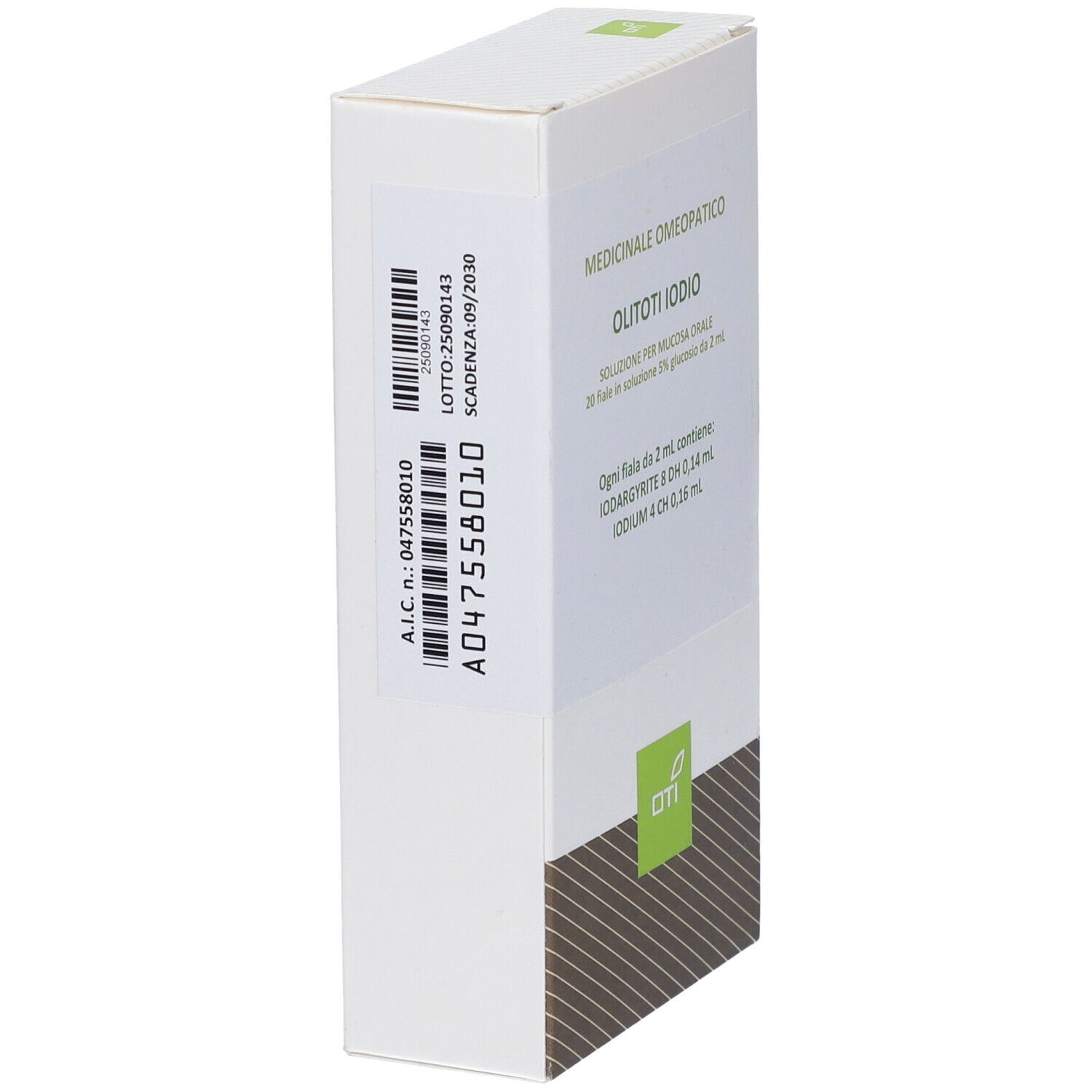 Scatola di Olitoti Iodio. Lato con codice a barre, numero di lotto, scadenza e numero A.I.C. Logo Oti.