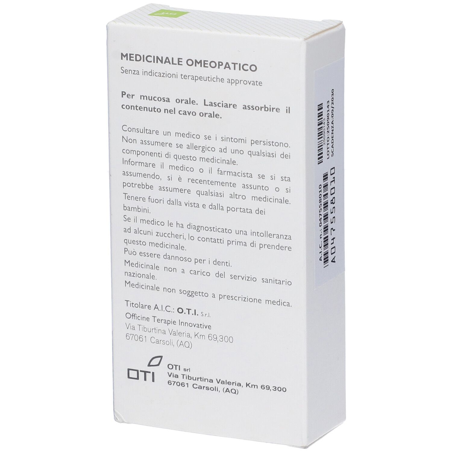 Retro della scatola di Olitoti Iodio. Testo sull'uso e avvertenze. Logo e indirizzo Oti.