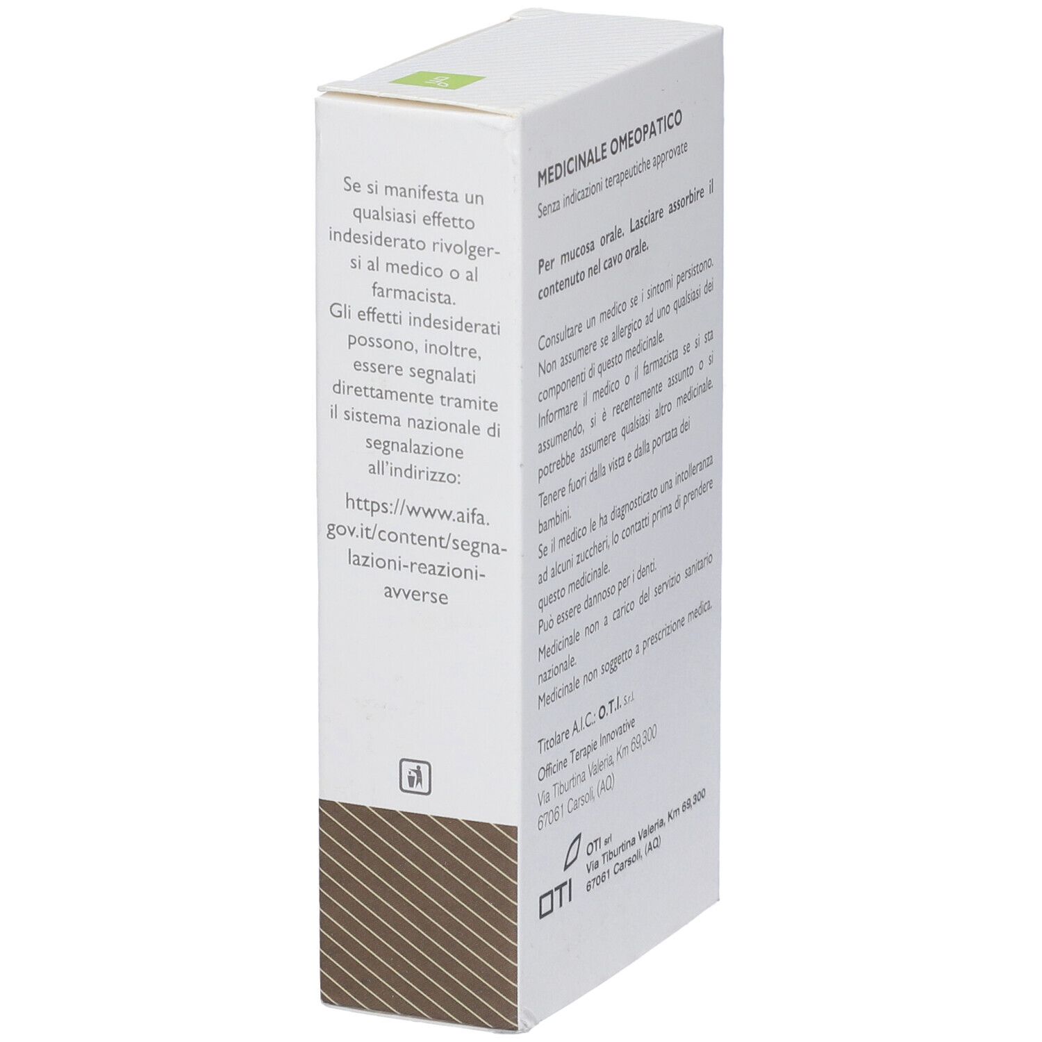 Lato della scatola di Olitoti Iodio. Testo sugli effetti indesiderati e contatti. Logo Oti.