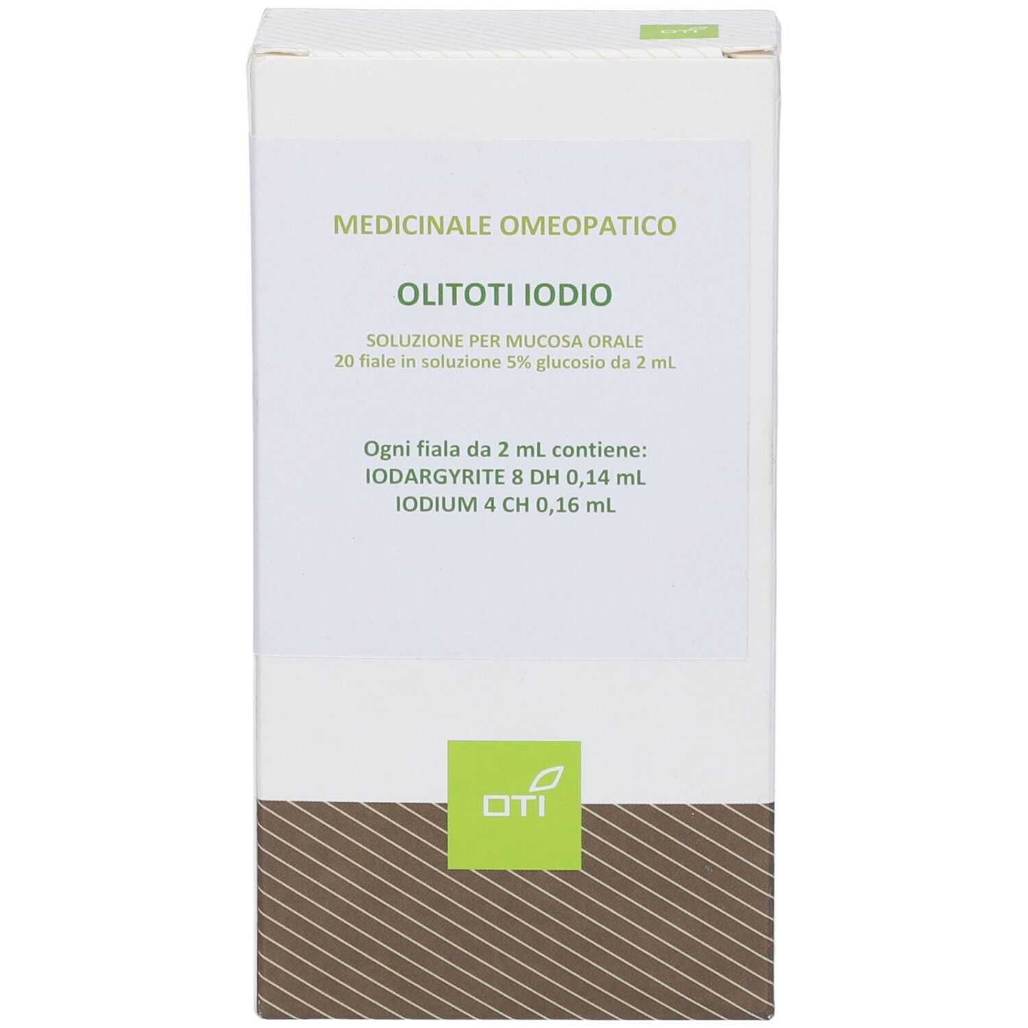 Scatola di Olitoti Iodio. Scritta: Medicinale Omeopatico, 20 Fiale 5% Glucosio. Logo Oti. Ingredienti.