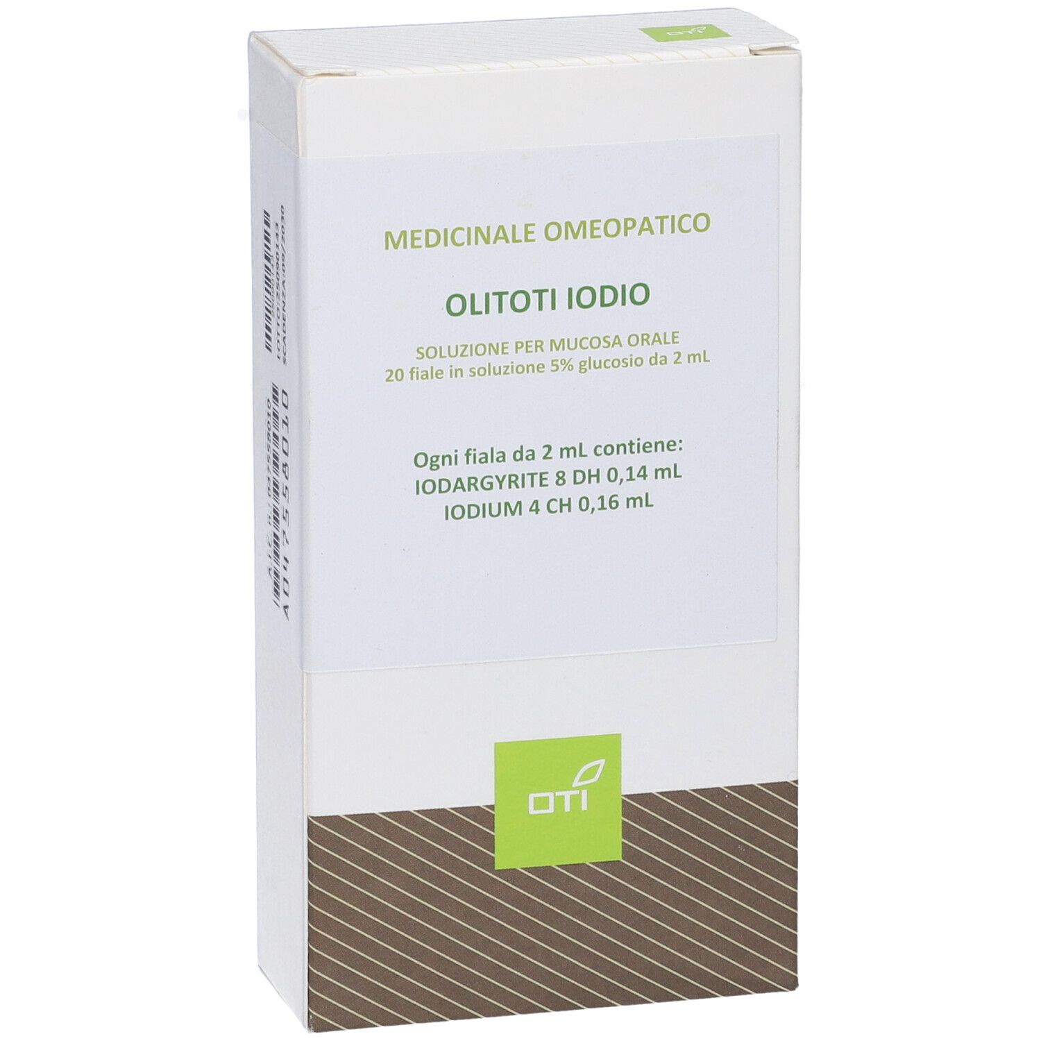 Scatola di Olitoti Iodio. Scritta: Medicinale Omeopatico, 20 Fiale 5% Glucosio. Logo Oti. Ingredienti.