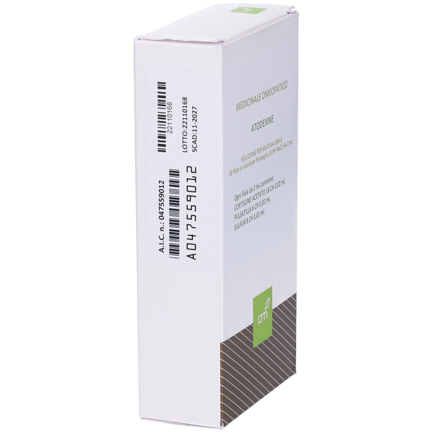 Scatola bianca, vista laterale. Codice a barre e informazioni prodotto. Logo in basso.