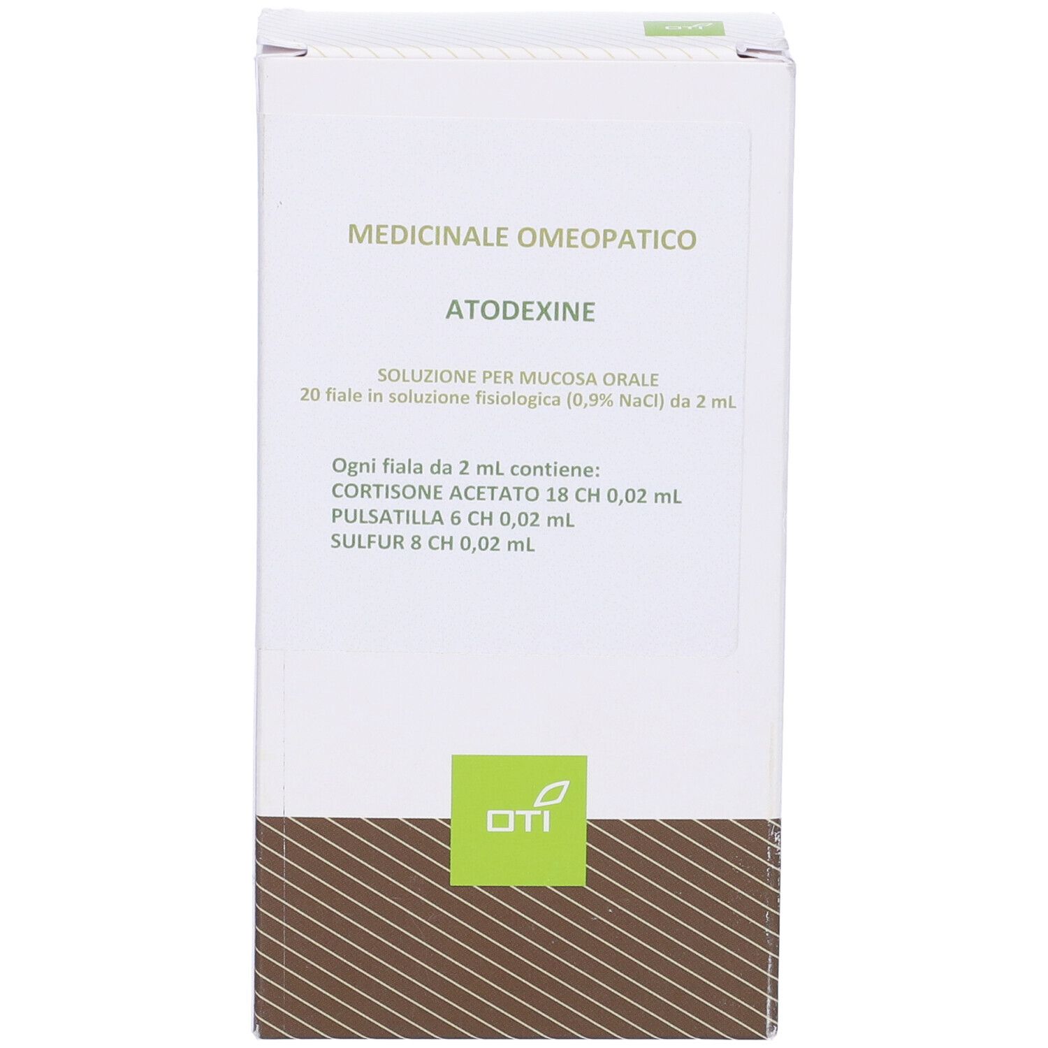Scatola bianca con Atodexine. Testo: Medicinale Omeopatico, 20 Fiale 2 ml. Logo verde in basso.