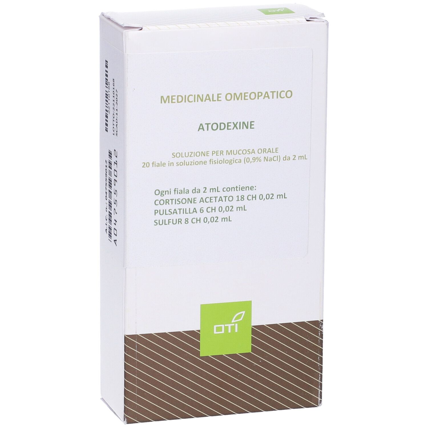 Scatola bianca con Atodexine. Testo: Medicinale Omeopatico, 20 Fiale 2 ml. Logo verde in basso.