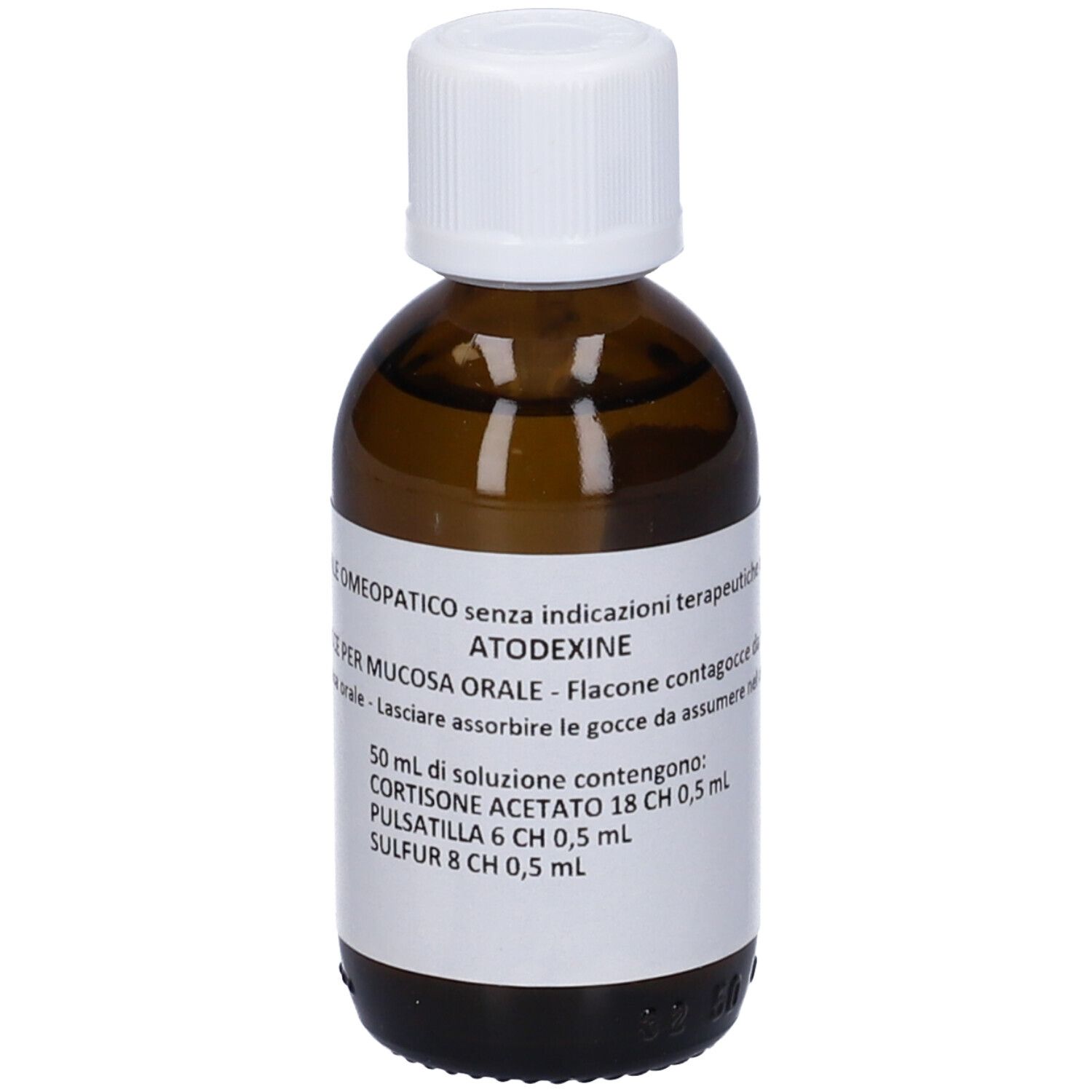 Flacone di vetro marrone con tappo bianco. Etichetta con testo. Scritto: Atodexine. Gocce per mucosa orale. 50 ml.
