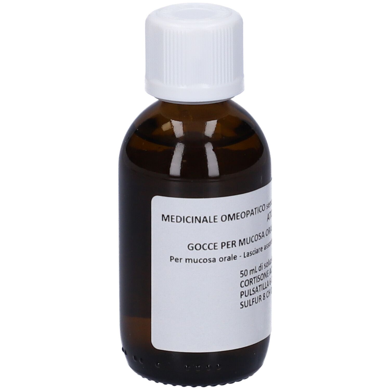 Flacone di vetro marrone con tappo bianco. Etichetta con testo. Scritto: Medicinali omeopatici. Gocce per mucosa orale. 50 ml.