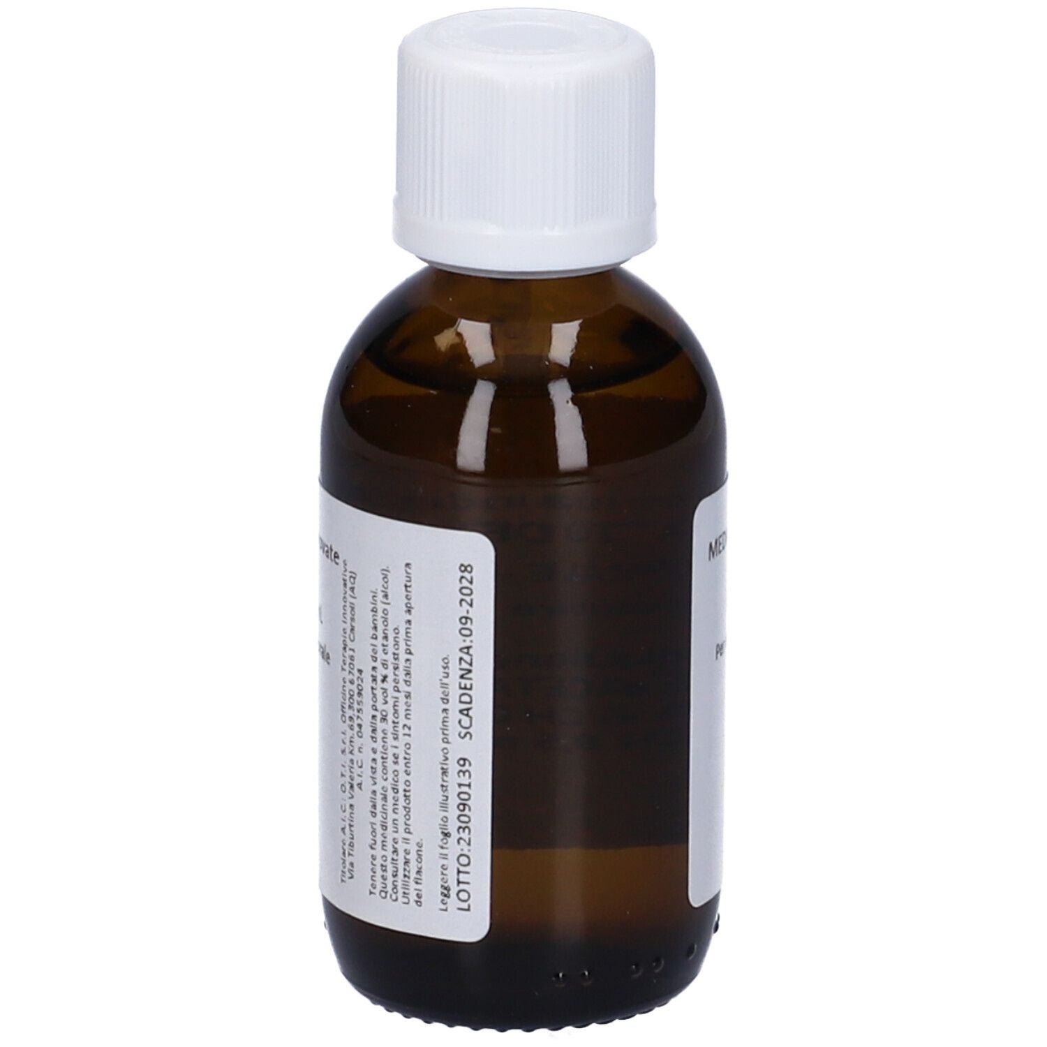 Flacone di vetro marrone con tappo bianco. Etichetta con testo. Scritto: Medicinali omeopatici. Gocce per mucosa orale. 50 ml.