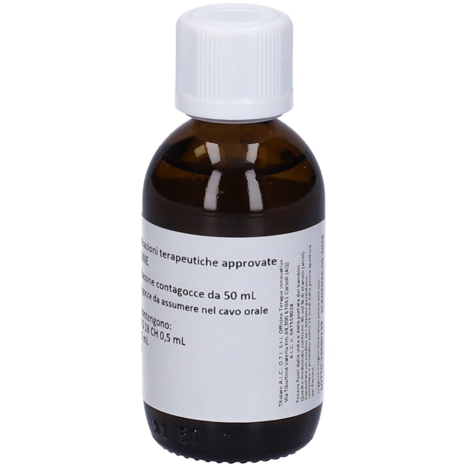 Flacone di vetro marrone con tappo bianco. Etichetta con testo. Scritto: Medicinali omeopatici. Gocce per mucosa orale. 50 ml.