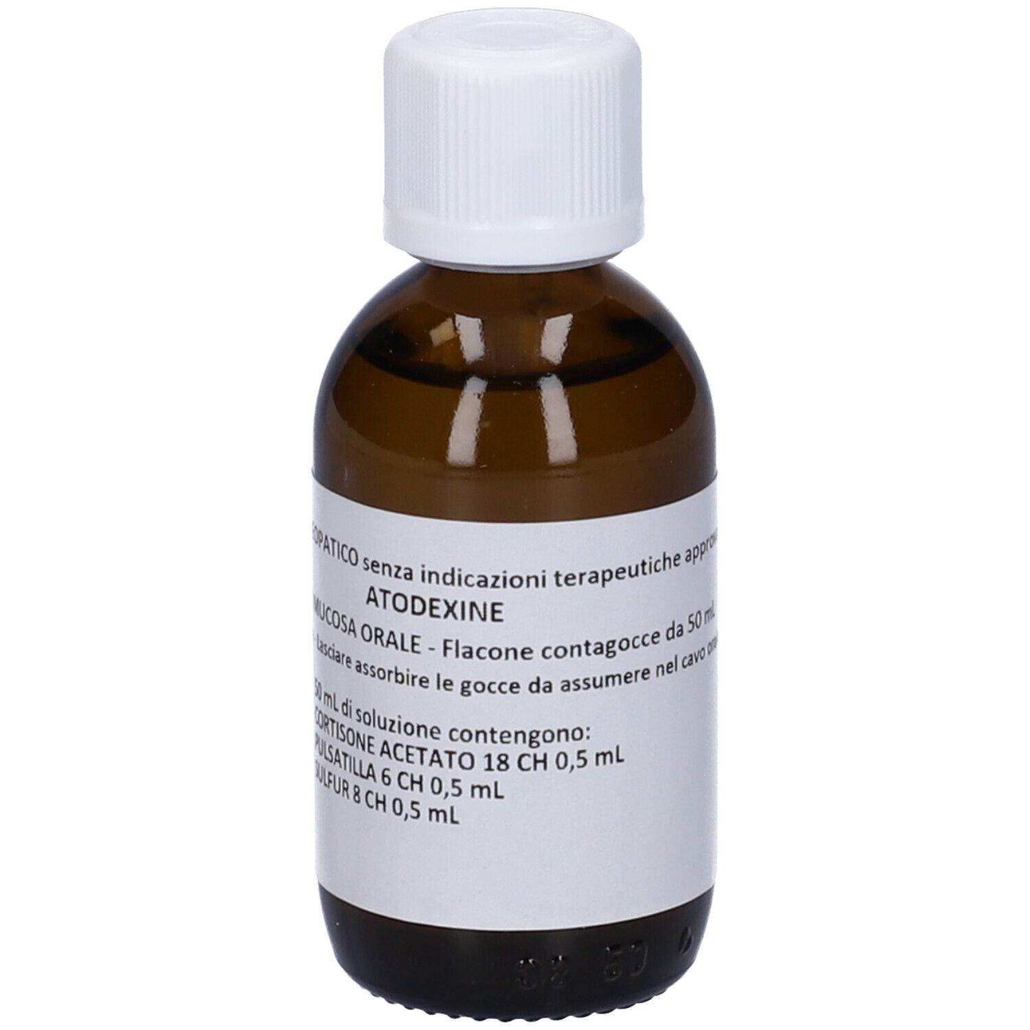 Flacone di vetro marrone con tappo bianco. Etichetta con testo. Scritto: Atodexine. Gocce per mucosa orale. 50 ml.