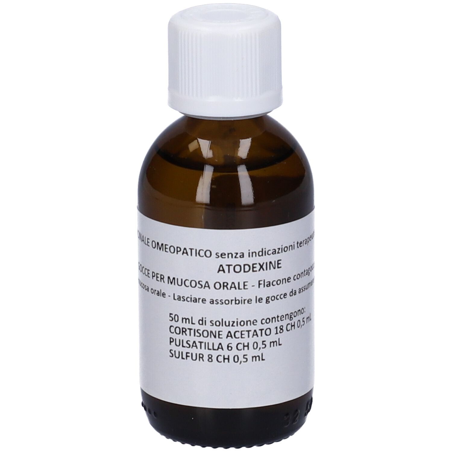 Flacone di vetro marrone con tappo bianco. Etichetta con testo. Scritto: Atodexine. Gocce per mucosa orale. 50 ml.