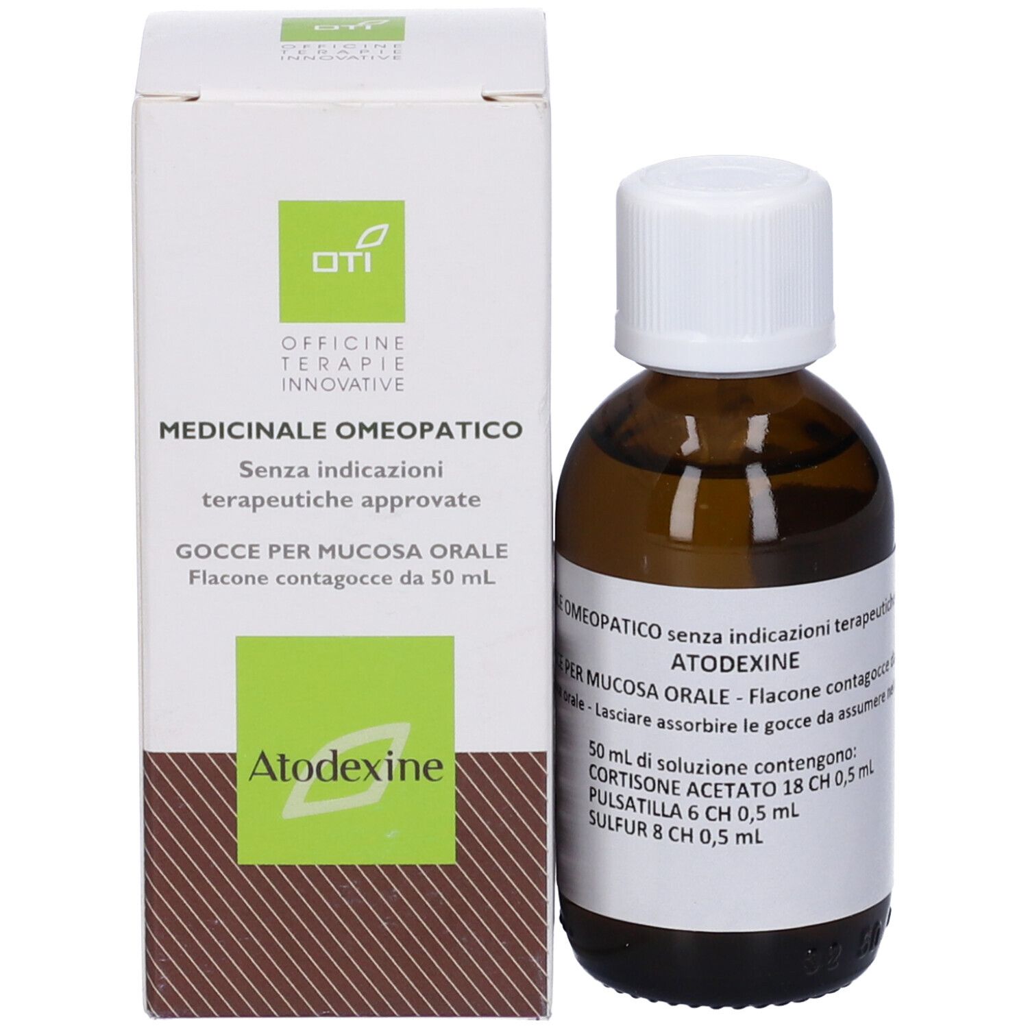 Flacone di vetro marrone con tappo bianco e scatola. Scritto: Medicinali omeopatici. Gocce per mucosa orale. 50 ml.