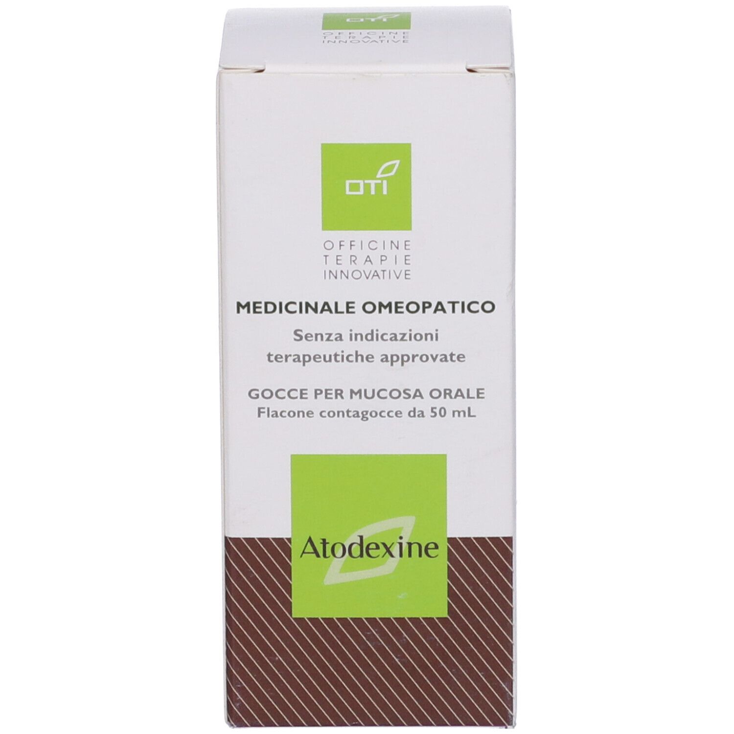 Scatola bianca con testo. Scritto: Medicinali omeopatici. Gocce per mucosa orale. 50 ml. Atodexine.