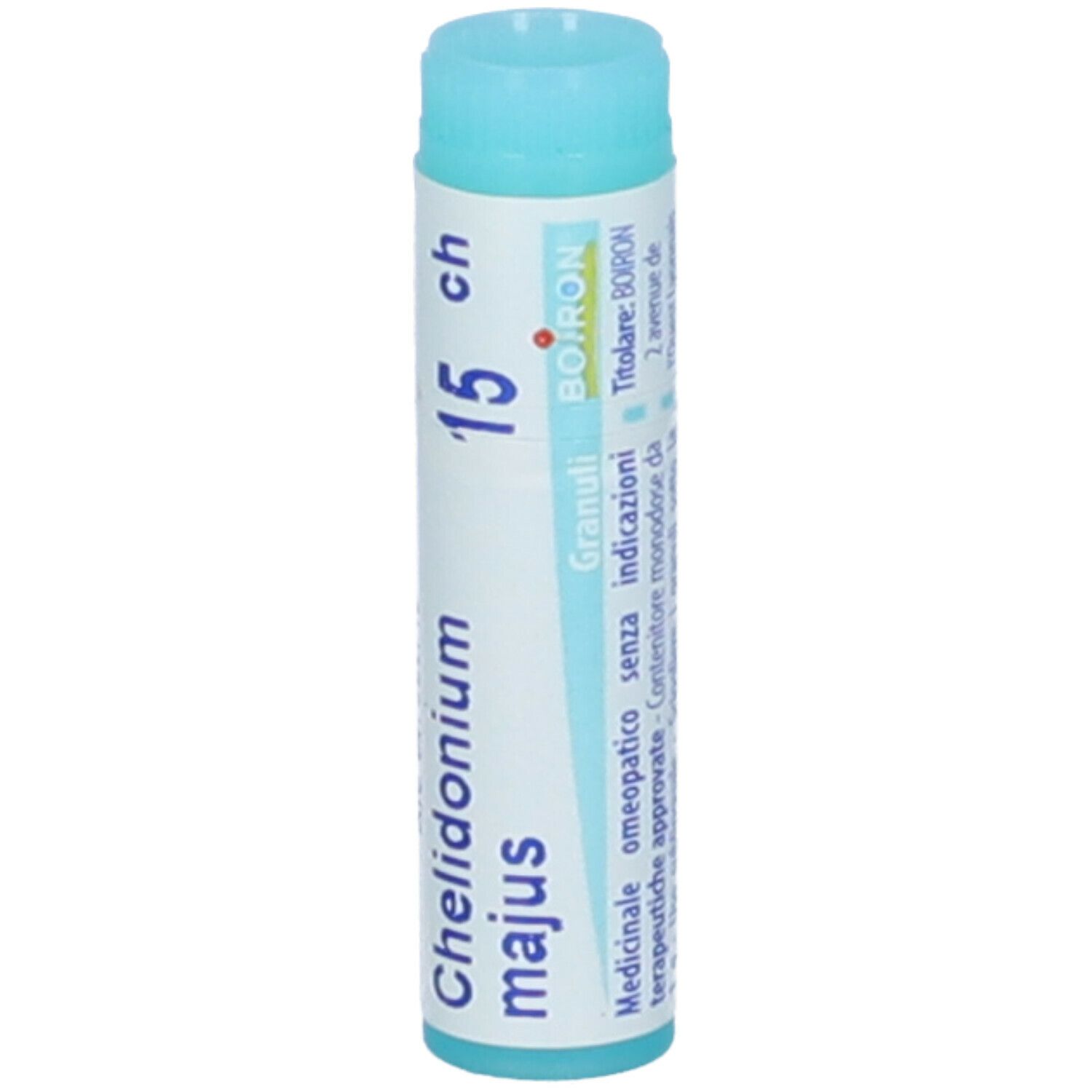 Confezione cilindrica blu. Scritta: Chelidonium majus, 15 ch, Granuli, BOIRON. Apertura superiore.