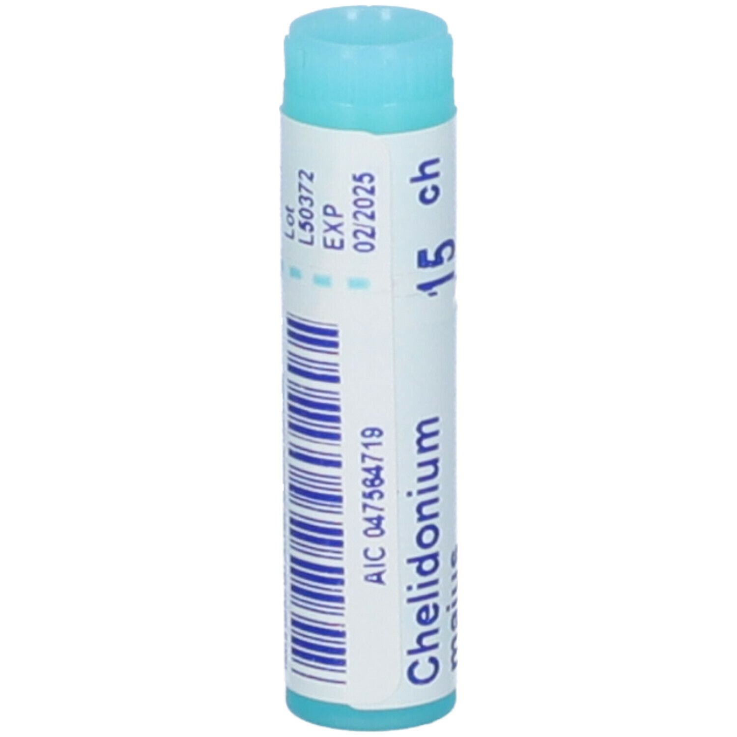 Confezione cilindrica blu. Scritta: Chelidonium majus, 15 ch. Codice a barre e numero di lotto.