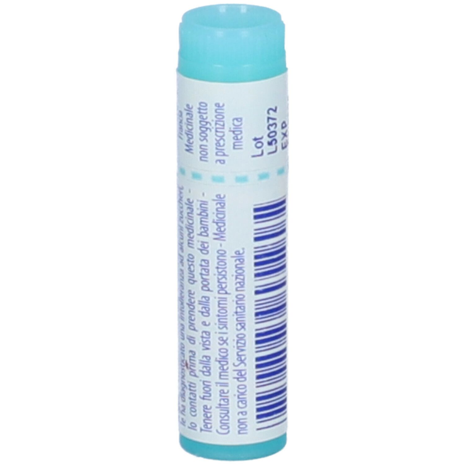 Confezione cilindrica blu. Scritta: Chelidonium majus, 15 ch. Testo sul retro e codice a barre.