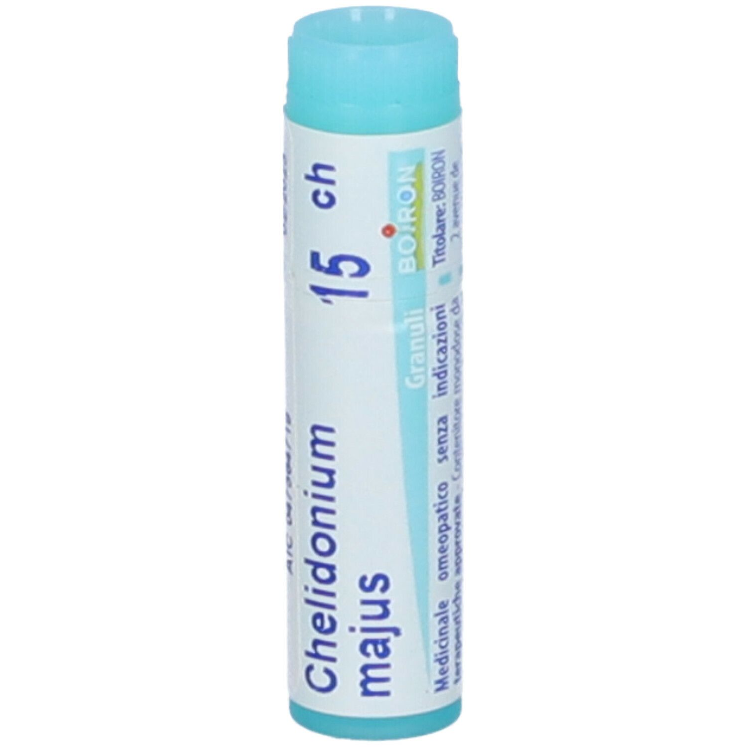 Confezione cilindrica blu. Scritta: Chelidonium majus, 15 ch, Granuli, BOIRON. Testo sul retro.