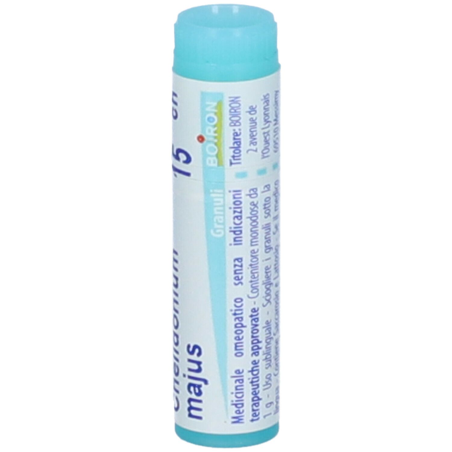 Confezione cilindrica blu. Scritta: Chelidonium majus, 15 ch, Granuli, BOIRON. Testo sul retro.