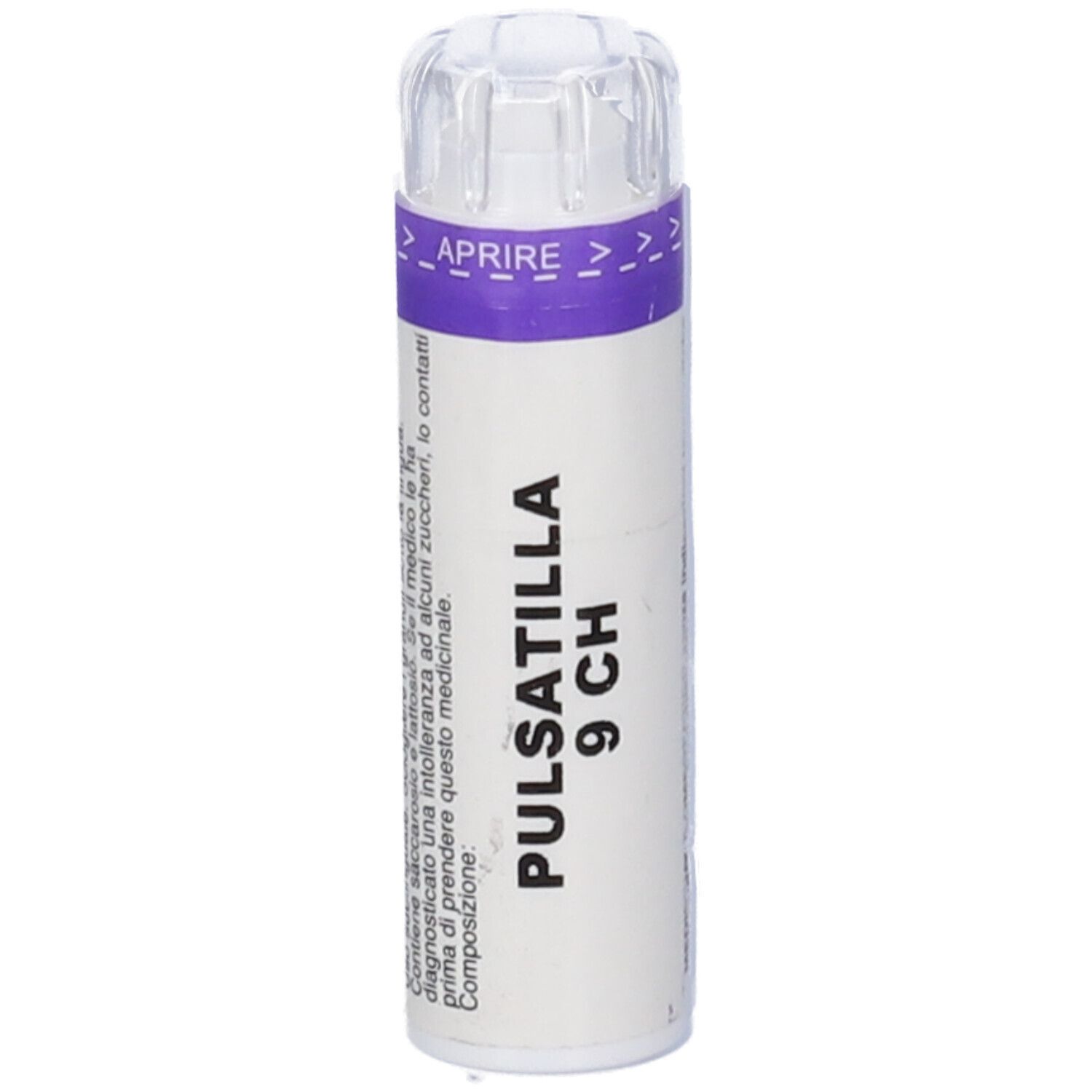 Flacone cilindrico bianco con tappo trasparente. Scritta: PULSATILLA 9 CH.