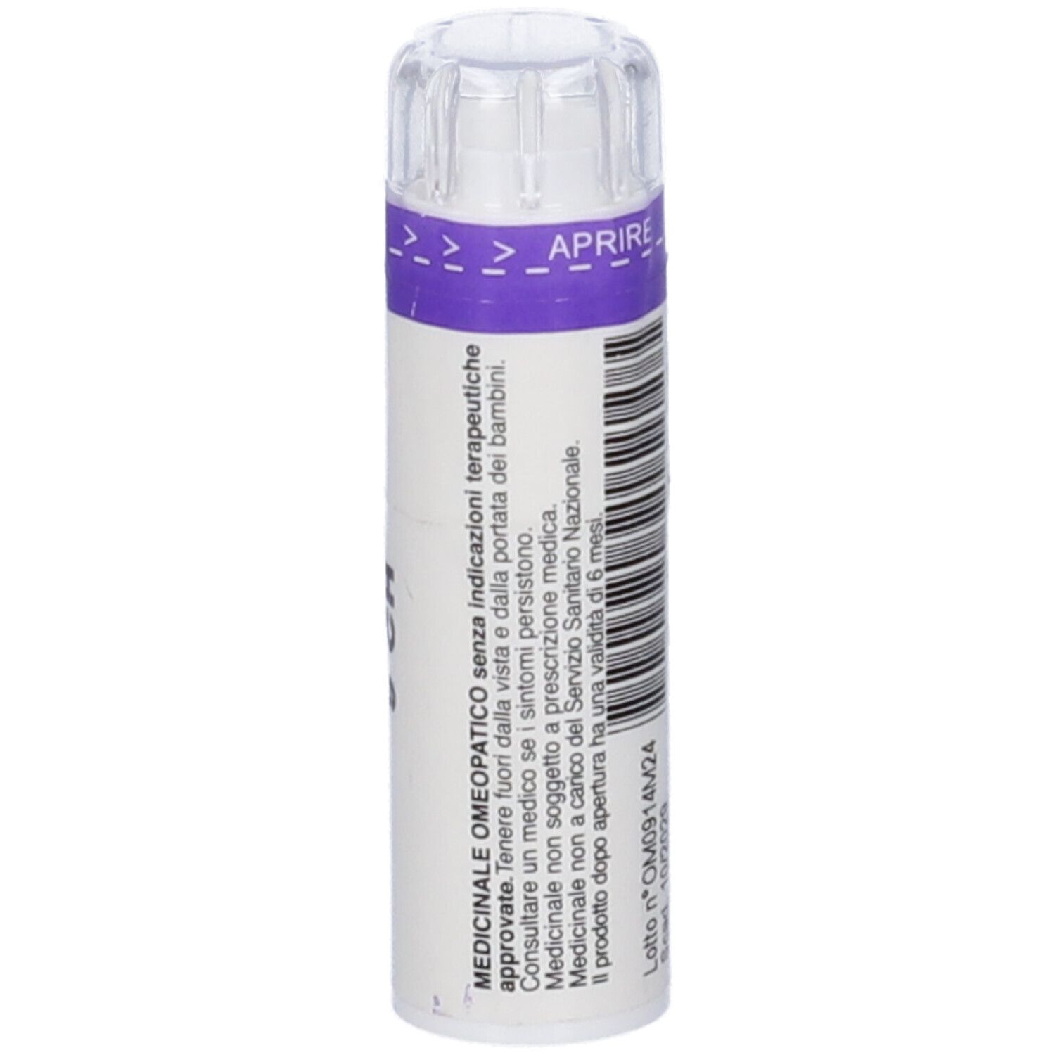 Flacone cilindrico con tappo trasparente. Codice a barre e testo sulla medicina omeopatica.