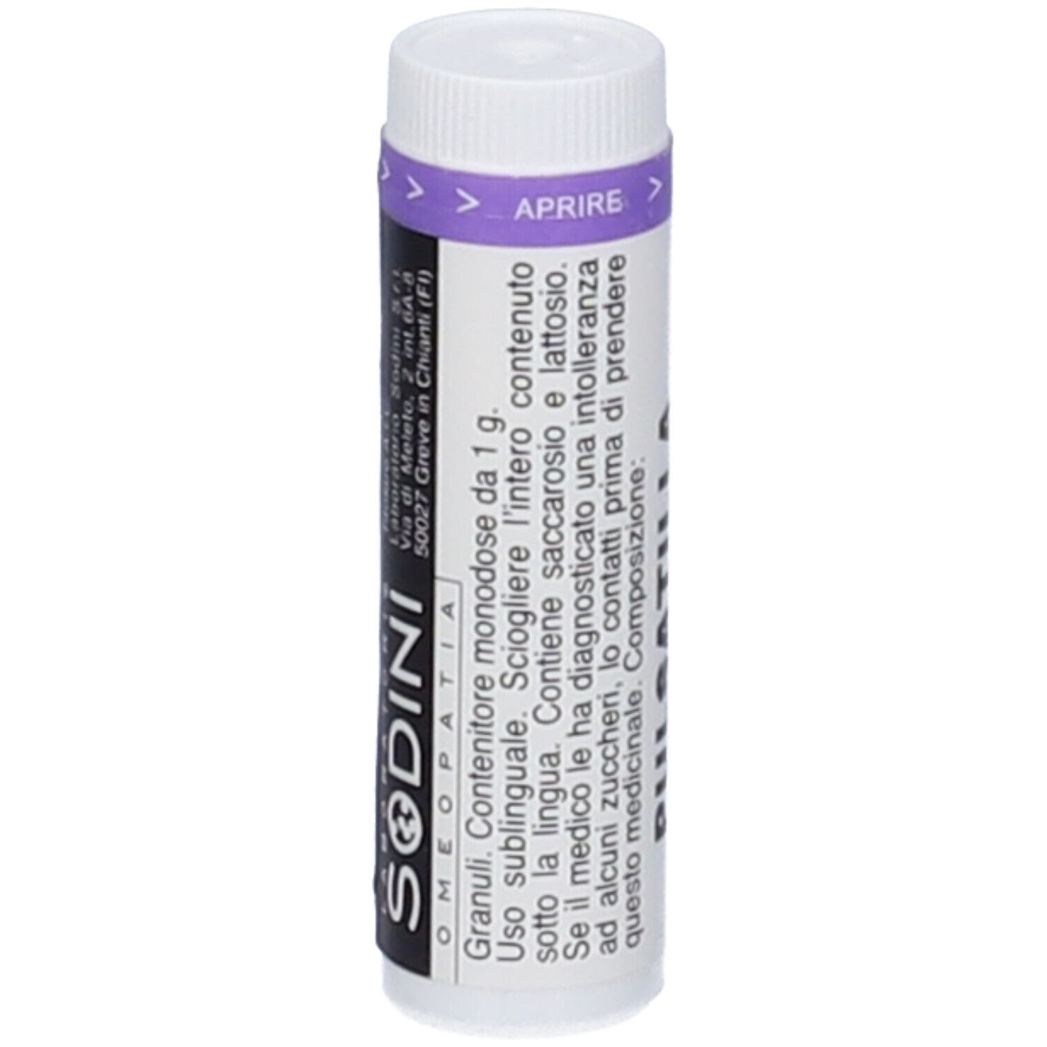 Confezione monodose cilindrica bianca con dettagli viola. Scritta: SODINI OMEOPATIA. Testo in italiano.
