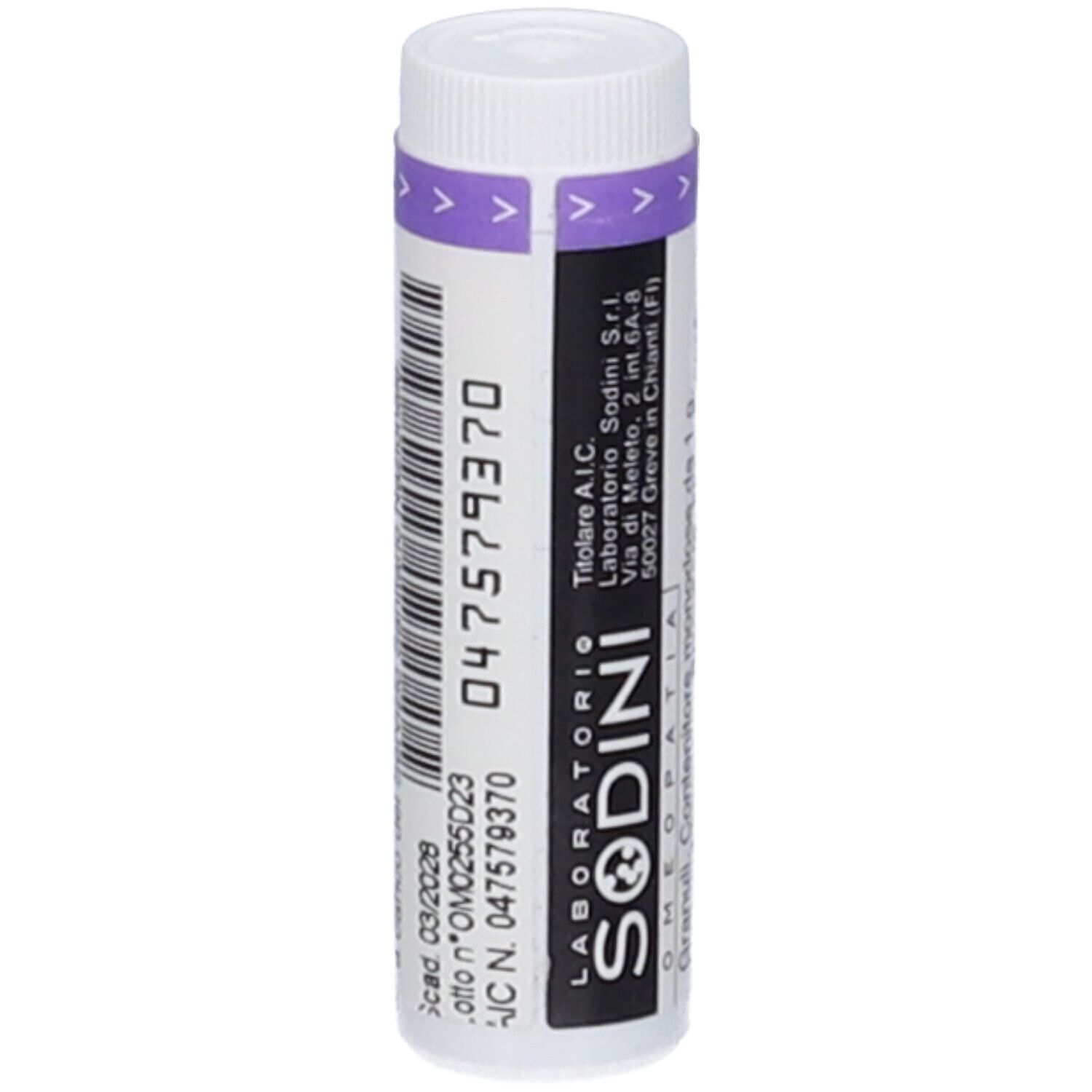 Confezione monodose cilindrica bianca con dettagli viola. Scritta: LABORATORIO SODINI. Codice a barre e testo in italiano.