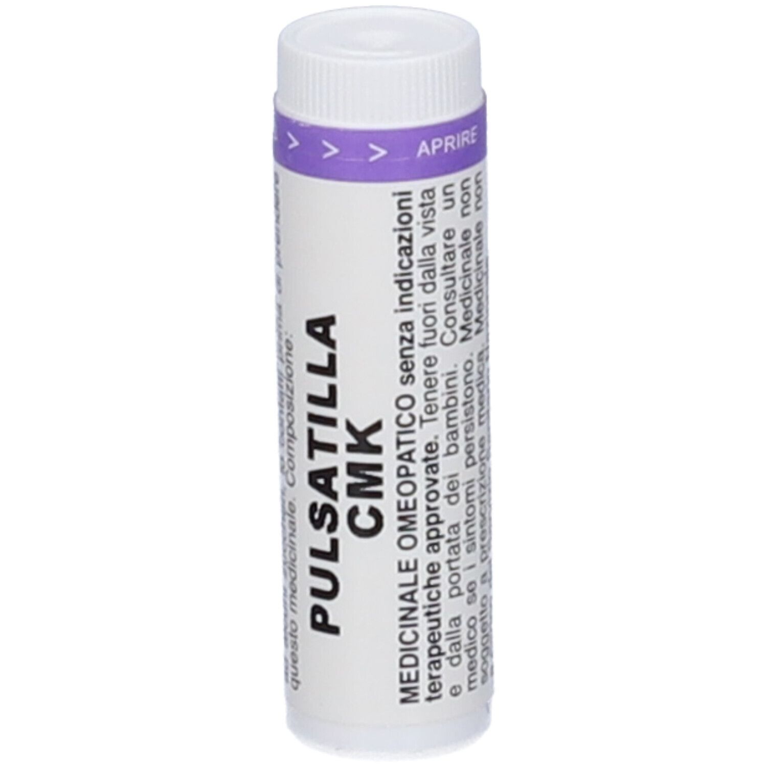 Confezione monodose cilindrica bianca con dettagli viola. Scritta: PULSATILLA CMK. Testo in italiano.