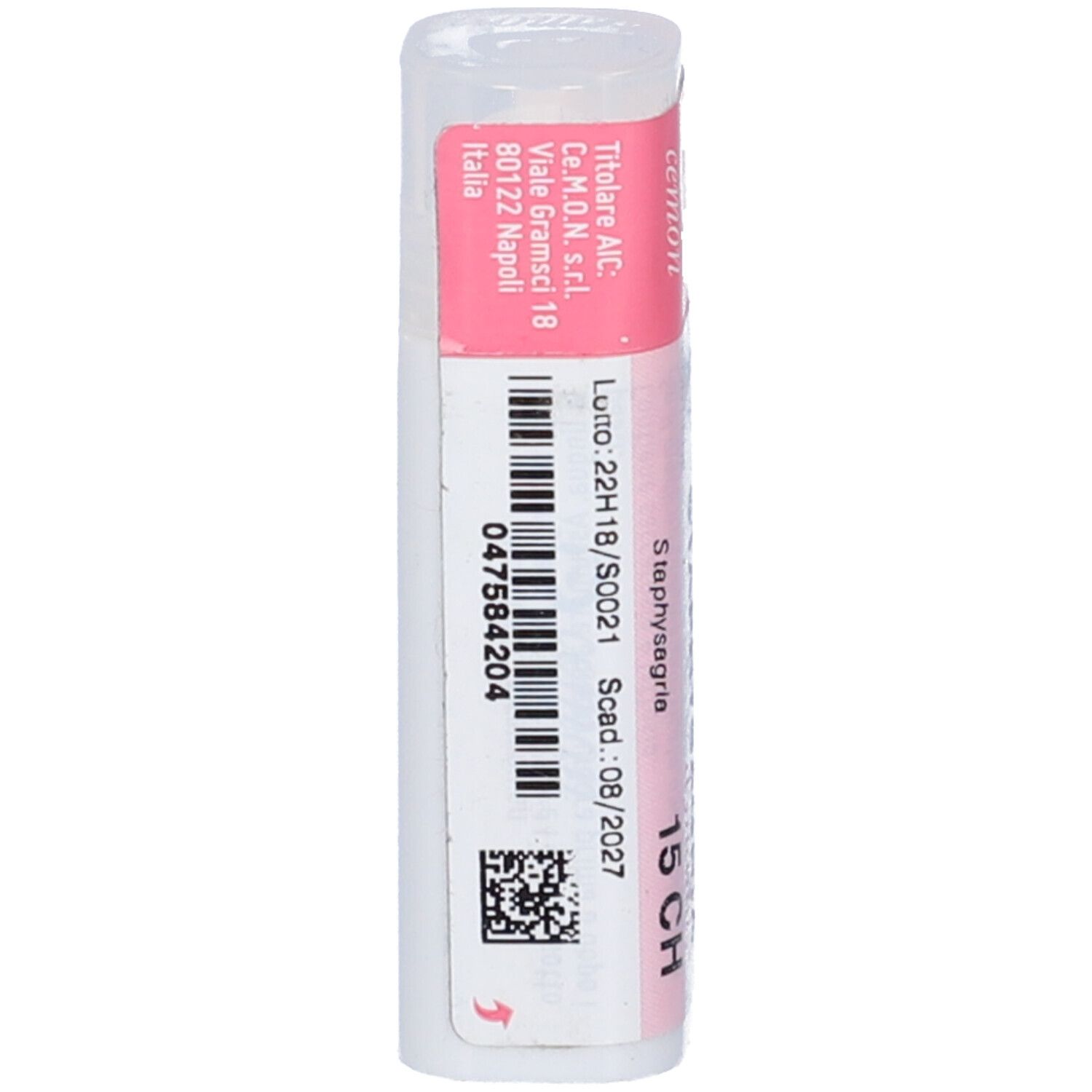 Flacone multidose cilindrico bianco con etichetta rosa. Codice a barre e testo. Scritta: Staphysagria dynamis 15 CH. Marchio: Cemon.