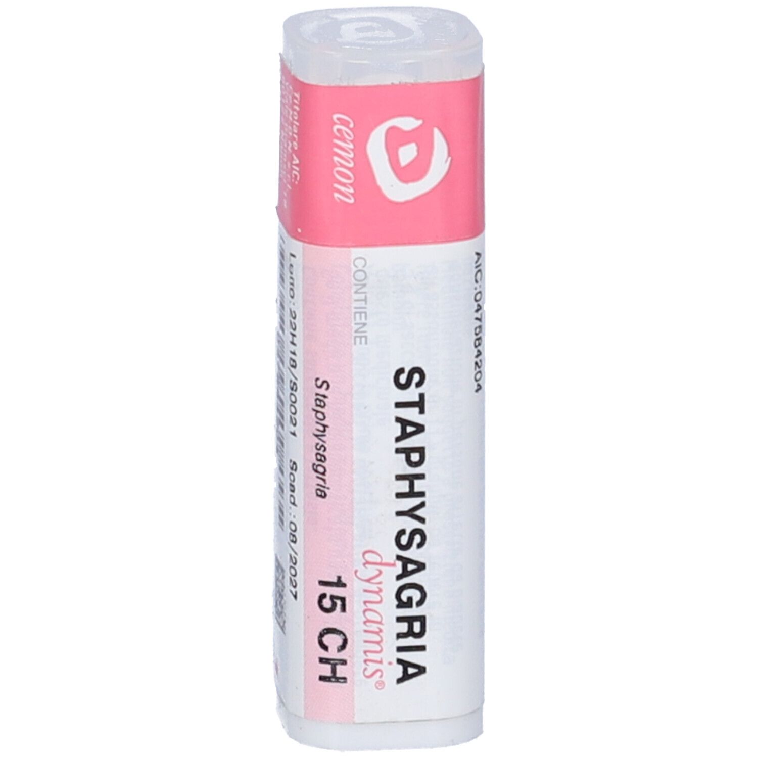 Flacone multidose cilindrico bianco con etichetta rosa. Scritta: Staphysagria dynamis 15 CH. Marchio: Cemon.