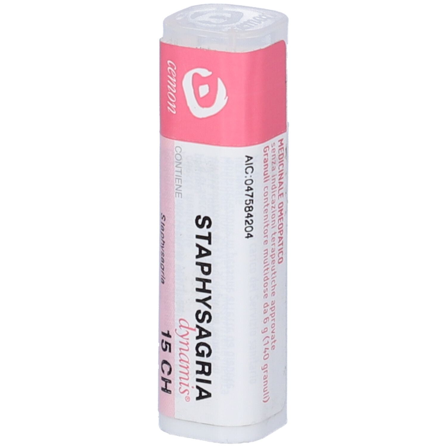 Flacone multidose cilindrico bianco con etichetta rosa. Scritta: Staphysagria dynamis 15 CH. Marchio: Cemon.