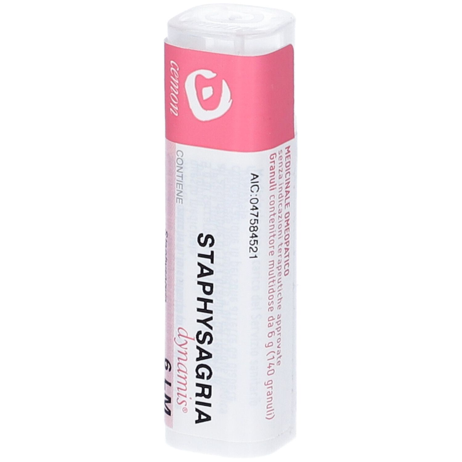 Flacone cilindrico bianco con etichetta rosa. Scritta: STAPHYSAGRIA dynamis.