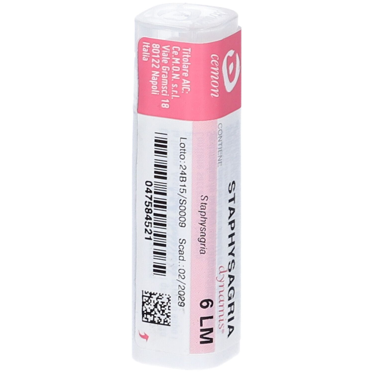Flacone cilindrico con etichetta rosa. Scritta: STAPHYSAGRIA dynamis 6 LM.