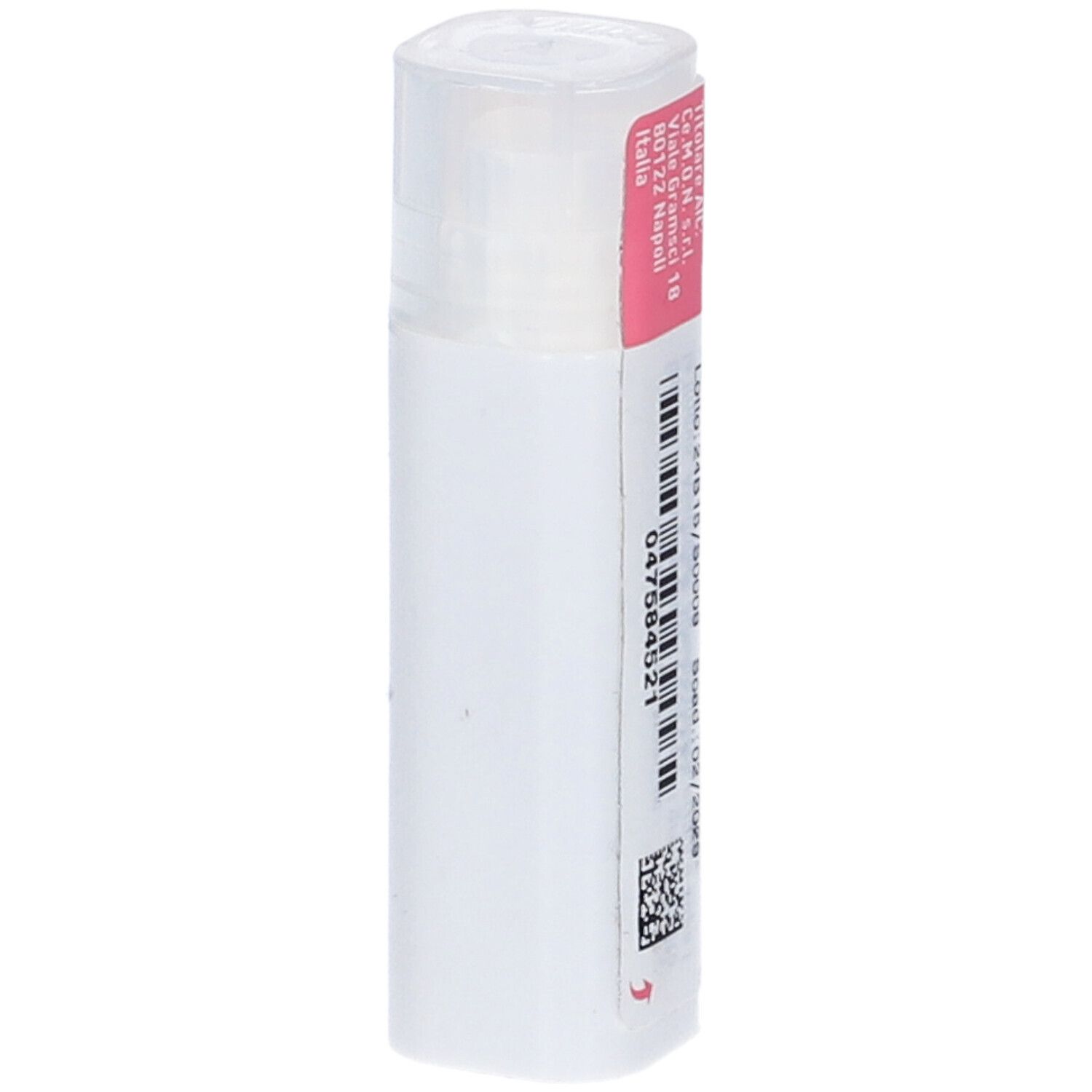 Flacone cilindrico bianco con etichetta rosa e codice a barre. Scritta.
