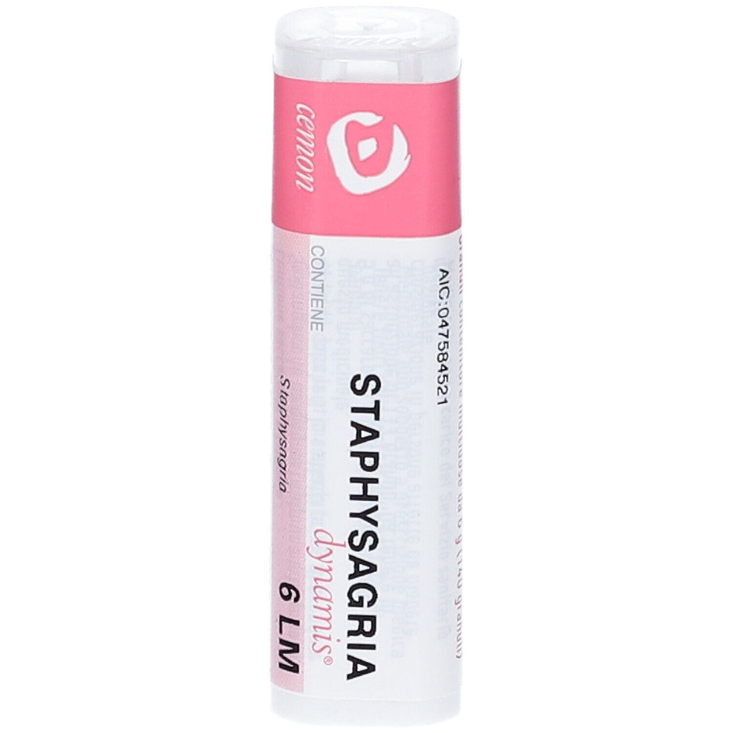 Flacone cilindrico con etichetta rosa. Scritta: STAPHYSAGRIA dynamis 6 LM.