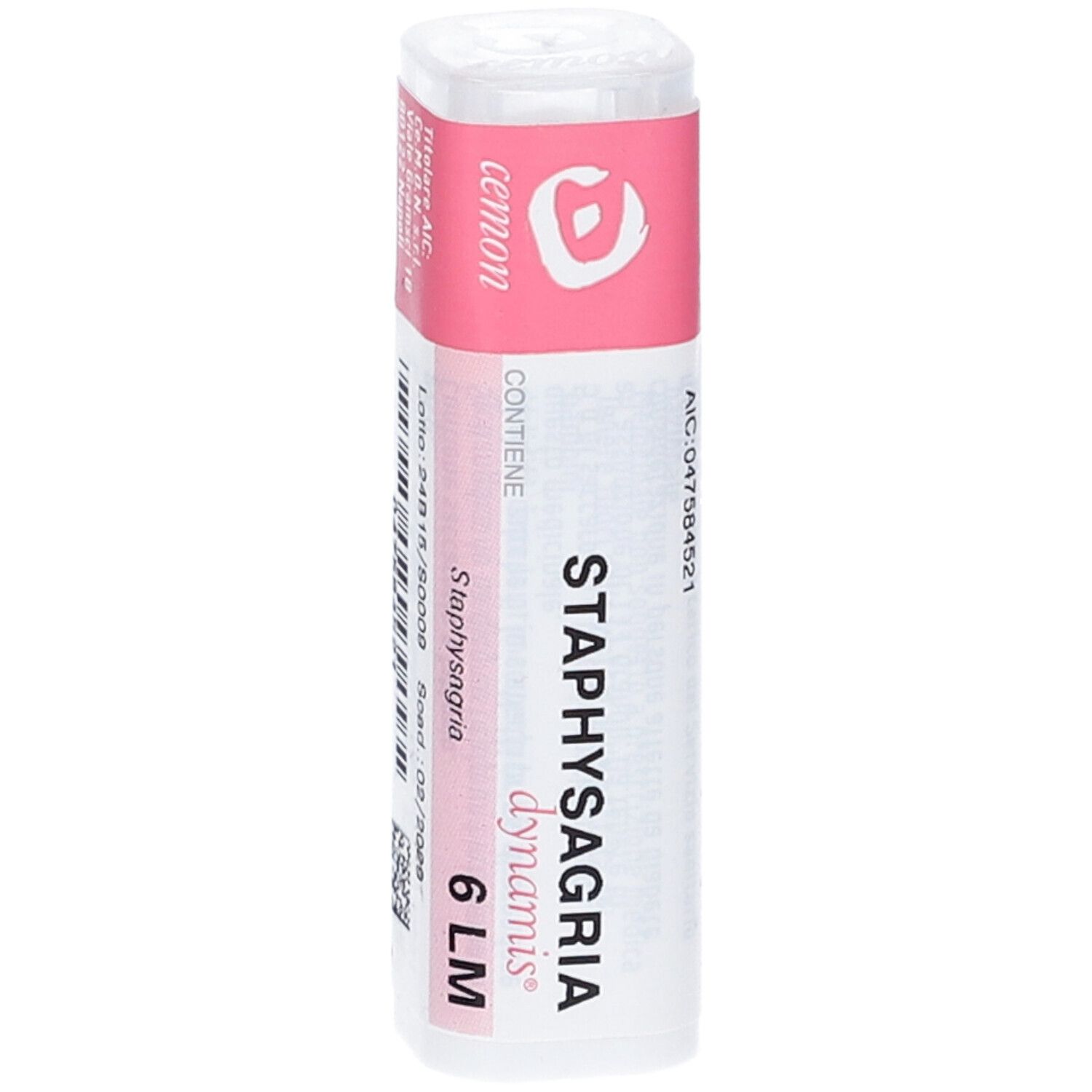 Flacone cilindrico con etichetta rosa. Scritta: STAPHYSAGRIA dynamis 6 LM.