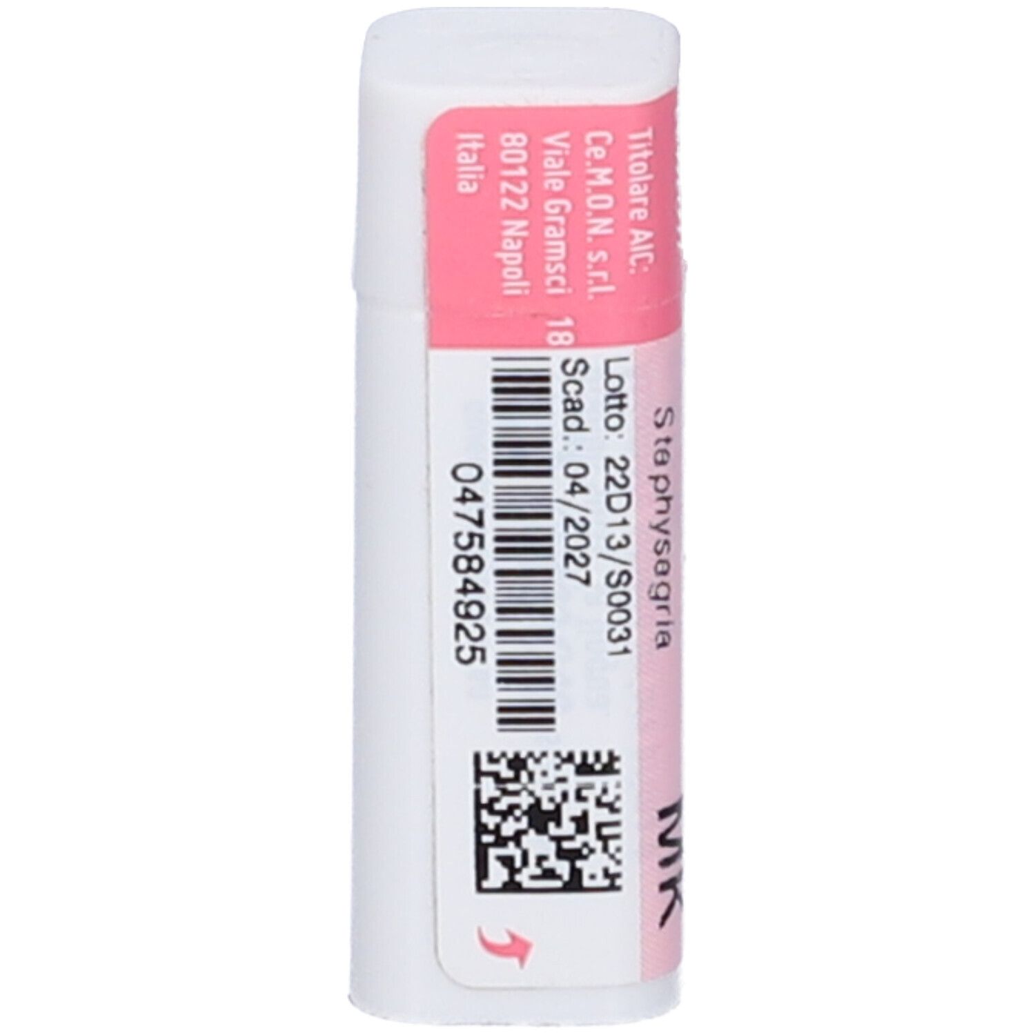 Contenitore cilindrico con etichetta rosa e bianca. Scritta: Staphysagria, numero di lotto, codice a barre.