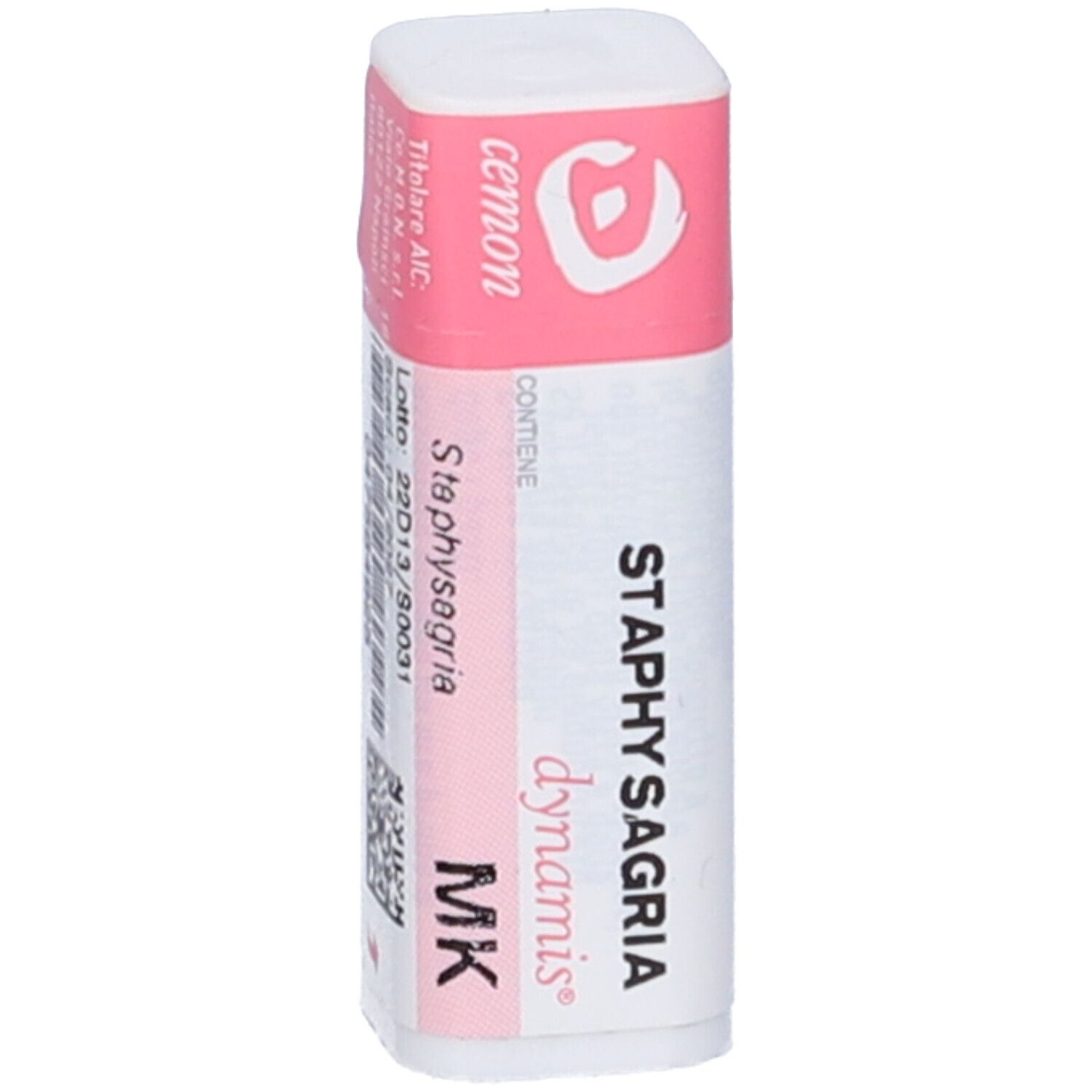 Contenitore cilindrico con etichetta rosa e bianca. Scritta: Staphysagria dynamis MK, cemon.