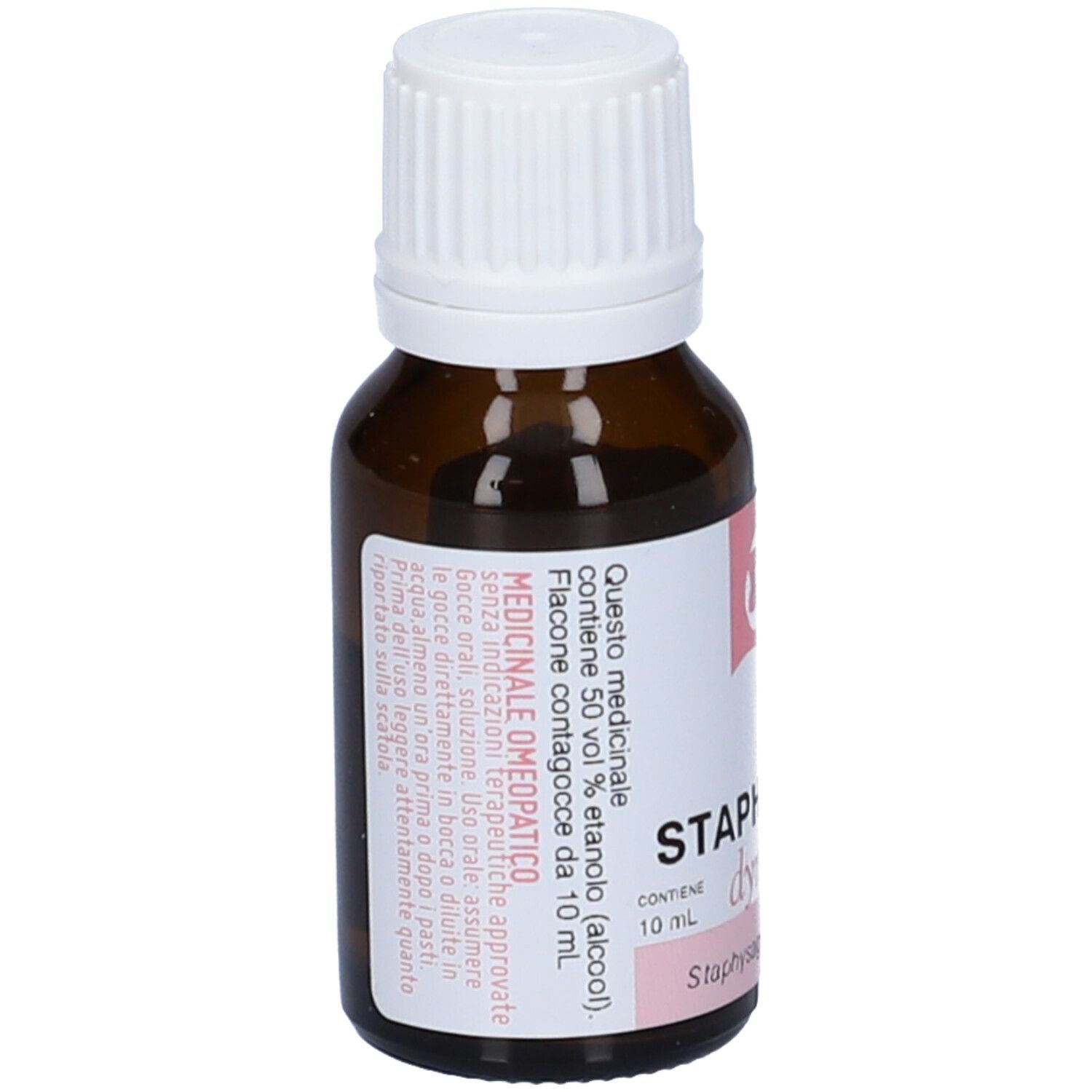 Flacone di vetro marrone con tappo bianco. Etichetta con informazioni sul prodotto. Scritta: Medicinale omeopatico.