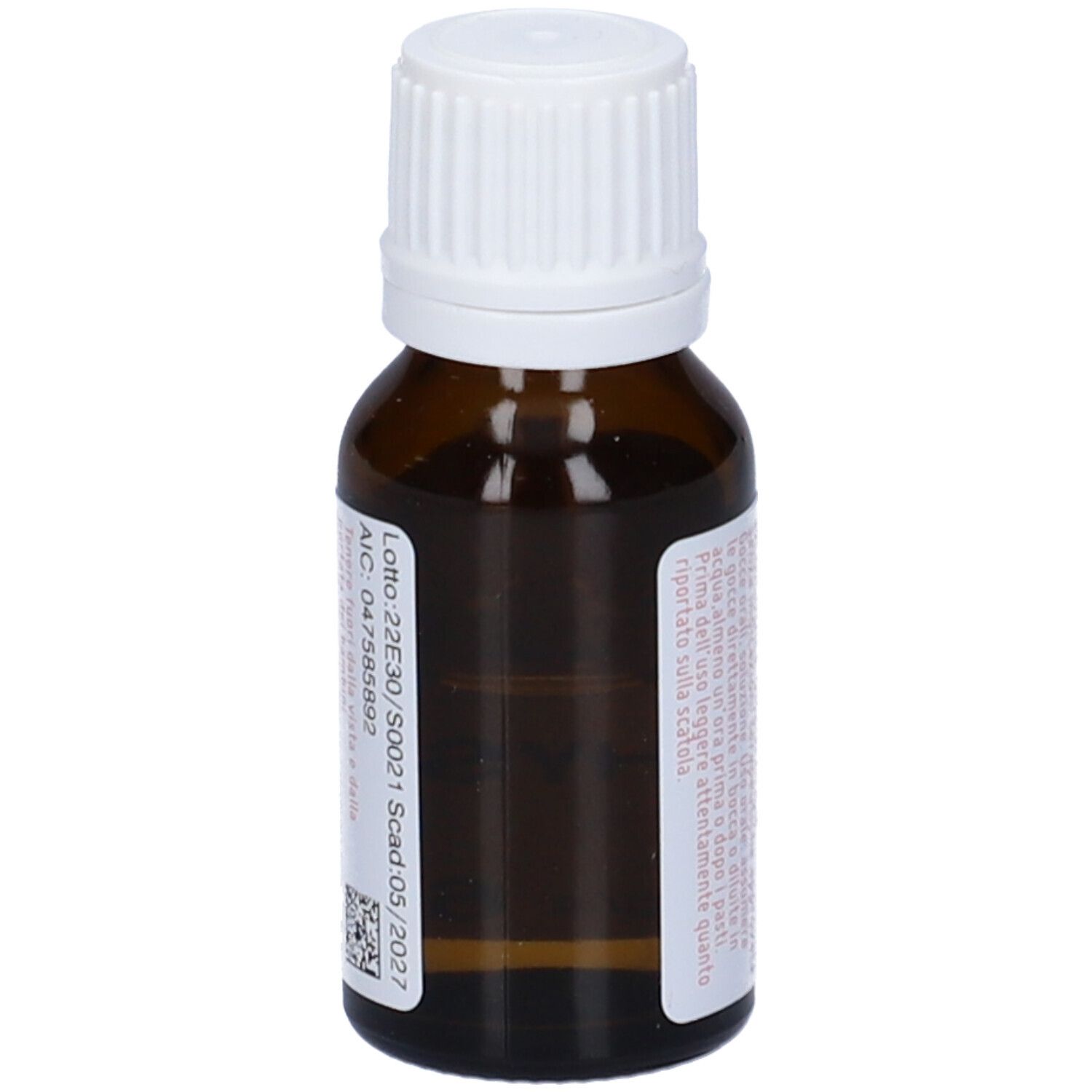 Flacone di vetro marrone con tappo bianco. Etichetta con numero di lotto e scadenza. Scritta: Lotto: 22E30/S0021 Scad: 05/2027.