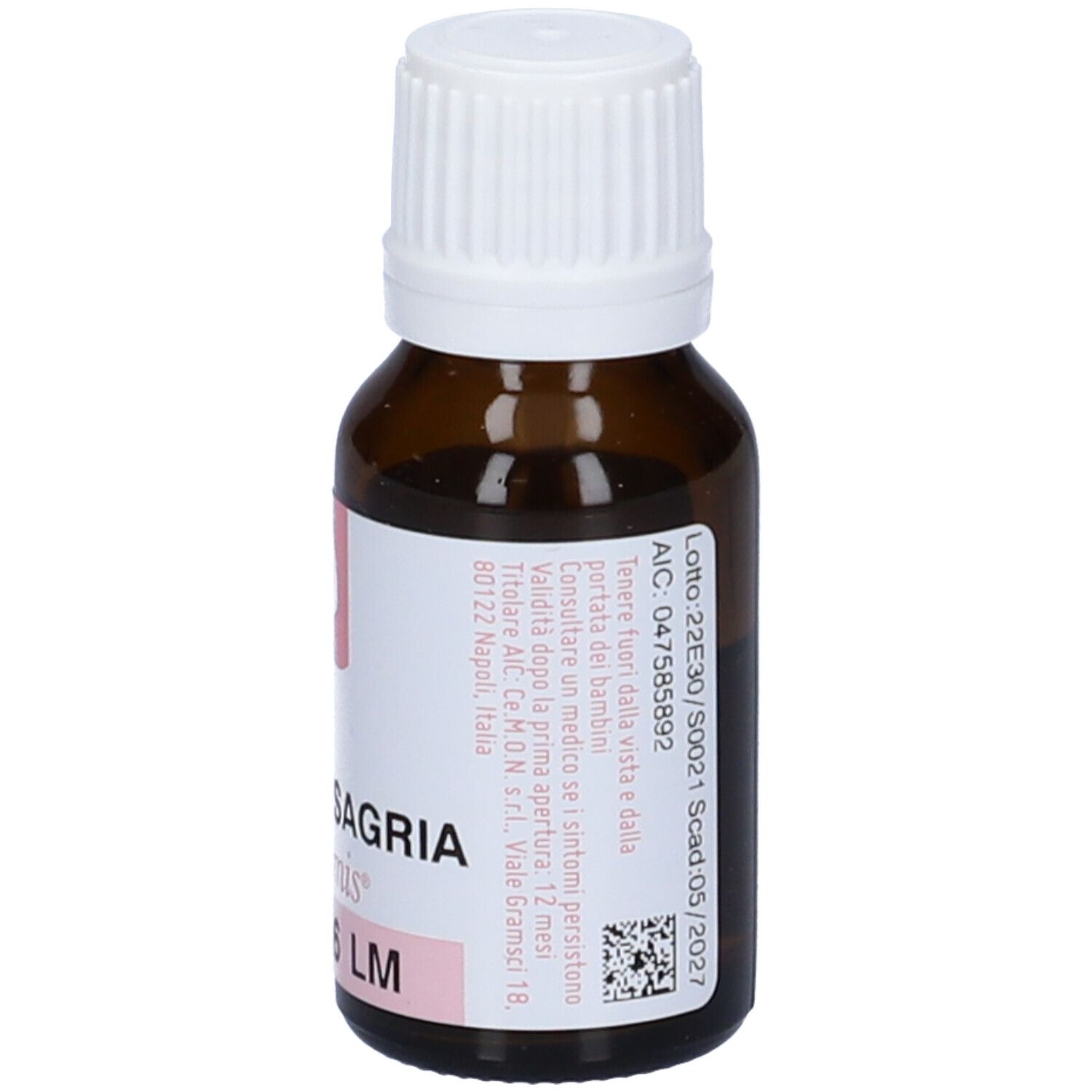 Flacone di vetro marrone con tappo bianco. Etichetta con informazioni sul prodotto. Scritta: Staphysagria dynamis 6 LM.